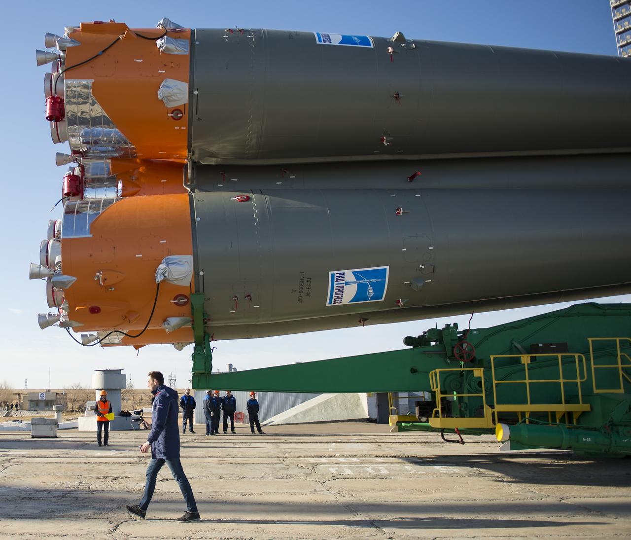 The Soyuz MS-04 spacecraft arrives at the launch pad after being rolled there by train on Monday, April 17, 2017 at the Baikonur Cosmodrome in Kazakhstan. Launch of the Soyuz rocket is scheduled for April 20 and will carry Expedition 51 Soyuz Commander Fyodor Yurchikhin of Roscosmos and Flight Engineer Jack Fischer of NASA into orbit to begin their four and a half month mission on the International Space Station.Photo Credit: (NASA/Aubrey Gemignani)