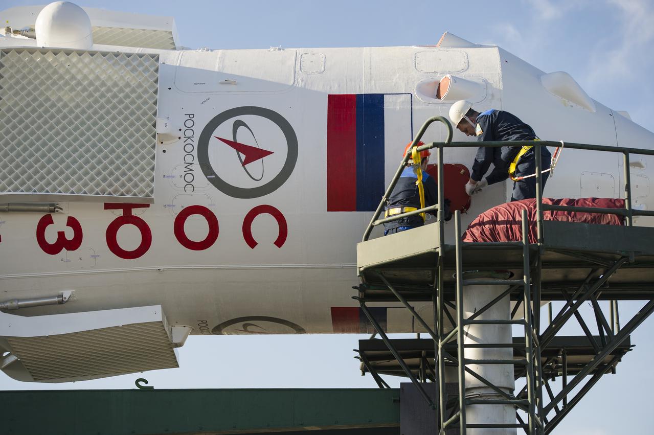 The Soyuz MS-04 spacecraft is seen shortly after arriving at the launch pad by train on Monday, April 17, 2017, at the Baikonur Cosmodrome in Kazakhstan. Launch of the Soyuz rocket is scheduled for April 20 Baikonur time and will carry Expedition 51 Soyuz Commander Fyodor Yurchikhin of Roscosmos and Flight Engineer Jack Fischer of NASA into orbit to begin their four and a half month mission on the International Space Station. Photo Credit: (NASA/Aubrey Gemignani)