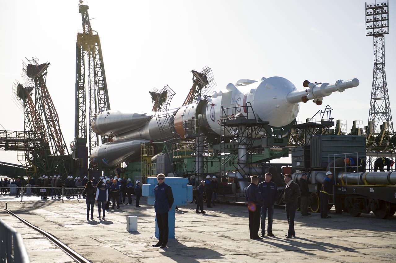 The Soyuz MS-04 spacecraft is seen shortly after arriving at the launch pad by train on Monday, April 17, 2017, at the Baikonur Cosmodrome in Kazakhstan. Launch of the Soyuz rocket is scheduled for April 20 Baikonur time and will carry Expedition 51 Soyuz Commander Fyodor Yurchikhin of Roscosmos and Flight Engineer Jack Fischer of NASA into orbit to begin their four and a half month mission on the International Space Station. Photo Credit: (NASA/Aubrey Gemignani)