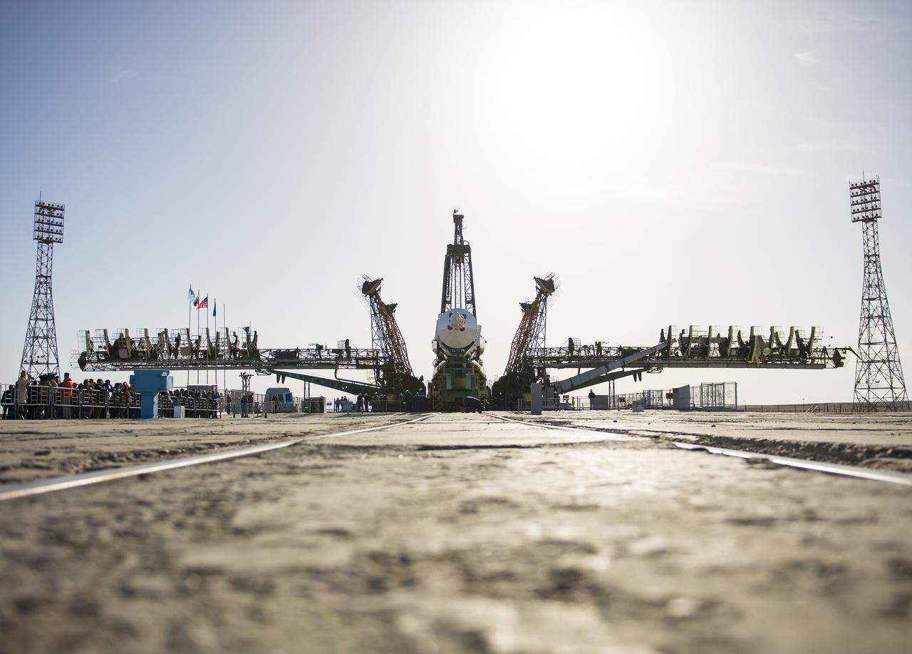 The Soyuz MS-04 spacecraft is seen at the Soyuz launch pad 1 just before it is raised into a vertical position Monday, April 17, 2017 at the Baikonur Cosmodrome in Kazakhstan. Launch of the Soyuz rocket is scheduled for April 20 Baikonur time and will carry Expedition 51 Soyuz Commander Fyodor Yurchikhin of Roscosmos and Flight Engineer Jack Fischer of NASA into orbit to begin their four and a half month mission on the International Space Station. Photo Credit: (NASA/Aubrey Gemignani)