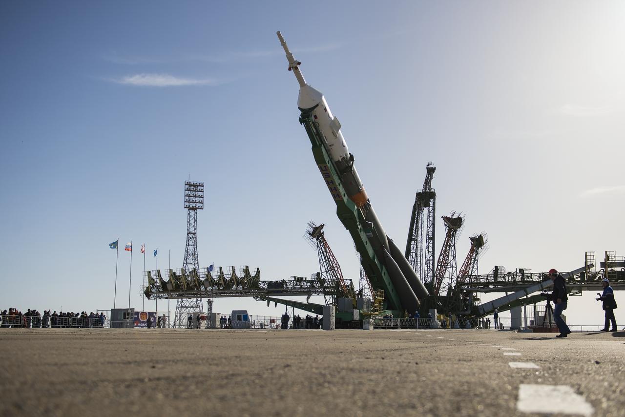 The Soyuz MS-04 spacecraft is raised into position on the launch pad Monday, April 17, 2017 at the Baikonur Cosmodrome in Kazakhstan. Launch of the Soyuz rocket is scheduled for April 20 Baikonur time and will carry Expedition 51 Soyuz Commander Fyodor Yurchikhin of Roscosmos and Flight Engineer Jack Fischer of NASA into orbit to begin their four and a half month mission on the International Space Station. Photo Credit: (NASA/Aubrey Gemignani)