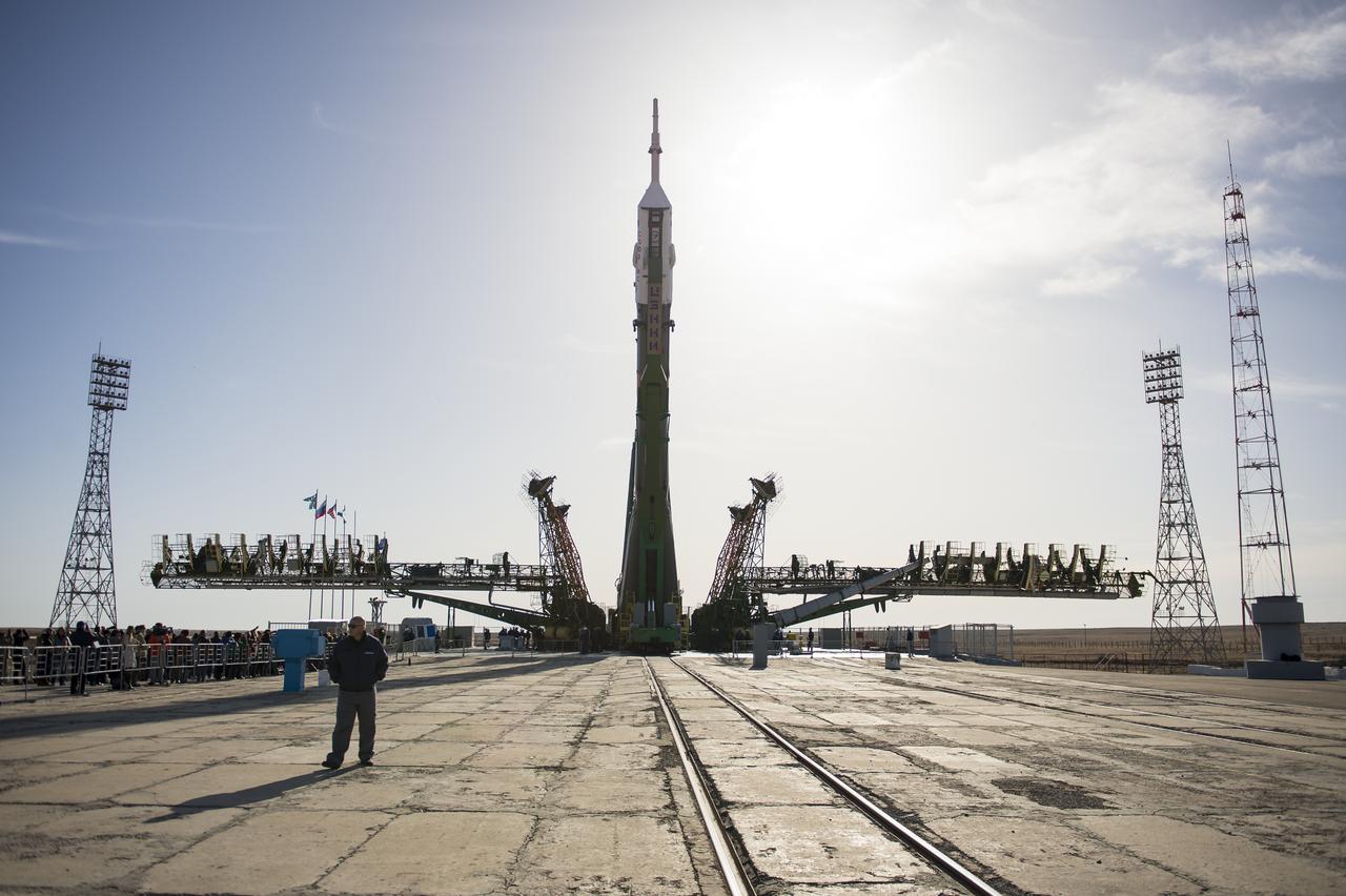 The Soyuz MS-04 spacecraft is raised into position on the launch pad Monday, April 17, 2017 at the Baikonur Cosmodrome in Kazakhstan. Launch of the Soyuz rocket is scheduled for April 20 Baikonur time and will carry Expedition 51 Soyuz Commander Fyodor Yurchikhin of Roscosmos and Flight Engineer Jack Fischer of NASA into orbit to begin their four and a half month mission on the International Space Station. Photo Credit: (NASA/Aubrey Gemignani)