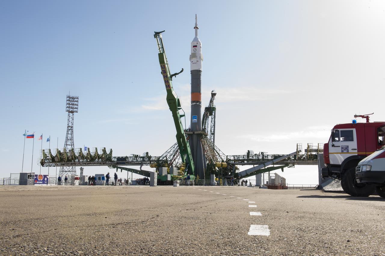The arm that raised the Soyuz MS-04 spacecraft into position on the launch pad is lowered, Monday, April 17, 2017 at the Baikonur Cosmodrome in Kazakhstan. Launch of the Soyuz rocket is scheduled for April 20 Baikonur time and will carry Expedition 51 Soyuz Commander Fyodor Yurchikhin of Roscosmos and Flight Engineer Jack Fischer of NASA into orbit to begin their four and a half month mission on the International Space Station. Photo Credit: (NASA/Aubrey Gemignani)