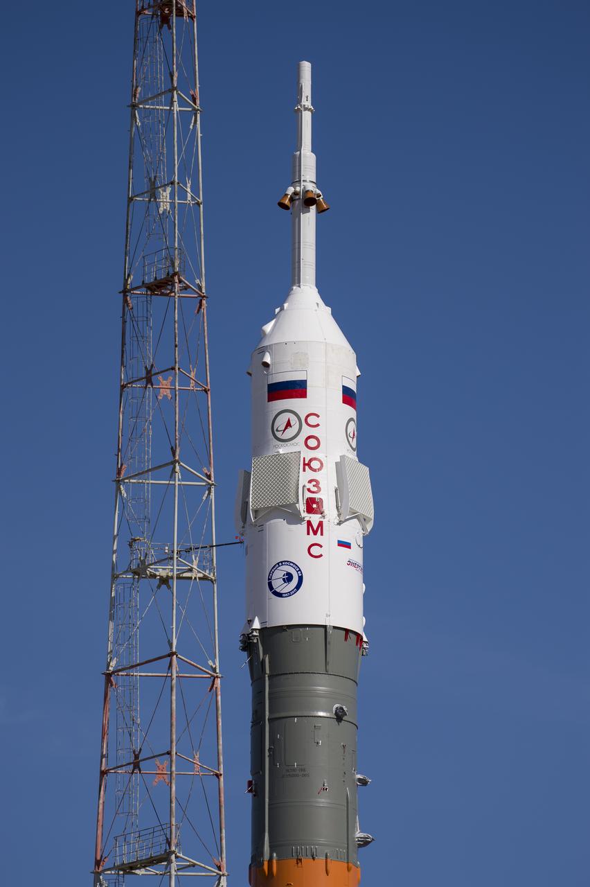 The Soyuz MS-04 spacecraft is seen after being raised into a vertical position on the launch pad Monday, April 17, 2017 at the Baikonur Cosmodrome in Kazakhstan. Launch of the Soyuz rocket is scheduled for April 20 Baikonur time and will carry Expedition 51 Soyuz Commander Fyodor Yurchikhin of Roscosmos and Flight Engineer Jack Fischer of NASA into orbit to begin their four and a half month mission on the International Space Station. Photo Credit: (NASA/Aubrey Gemignani)