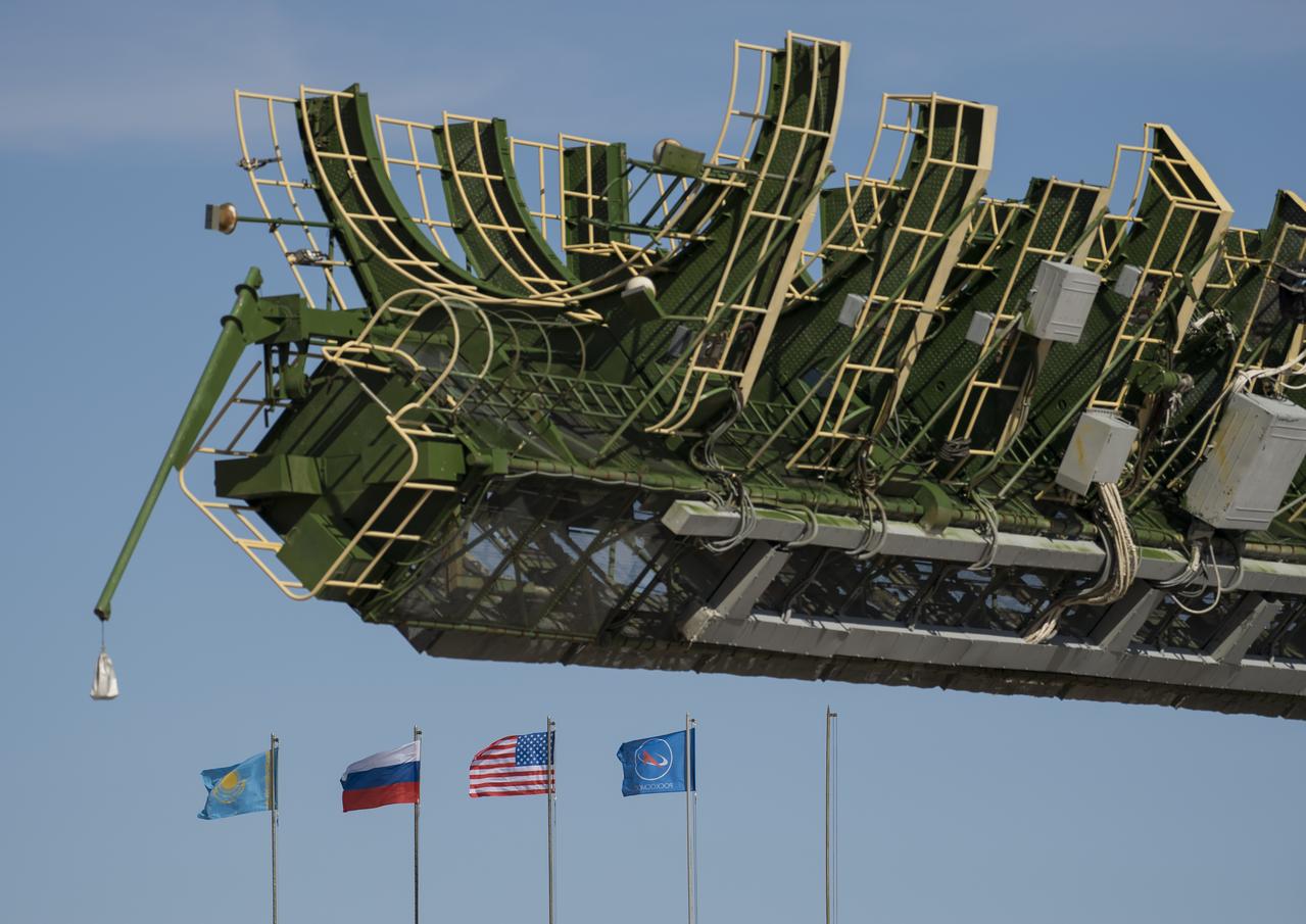 One of the gantry arms is seen before being closed around the Soyuz MS-04 spacecraft to secure the rocket, Monday, April 17, 2017 at launch pad 1 at the Baikonur Cosmodrome in Kazakhstan. Launch of the Soyuz rocket is scheduled for April 20 Baikonur time and will carry Expedition 51 Soyuz Commander Fyodor Yurchikhin of Roscosmos and Flight Engineer Jack Fischer of NASA into orbit to begin their four and a half month mission on the International Space Station. Photo Credit: (NASA/Aubrey Gemignani)