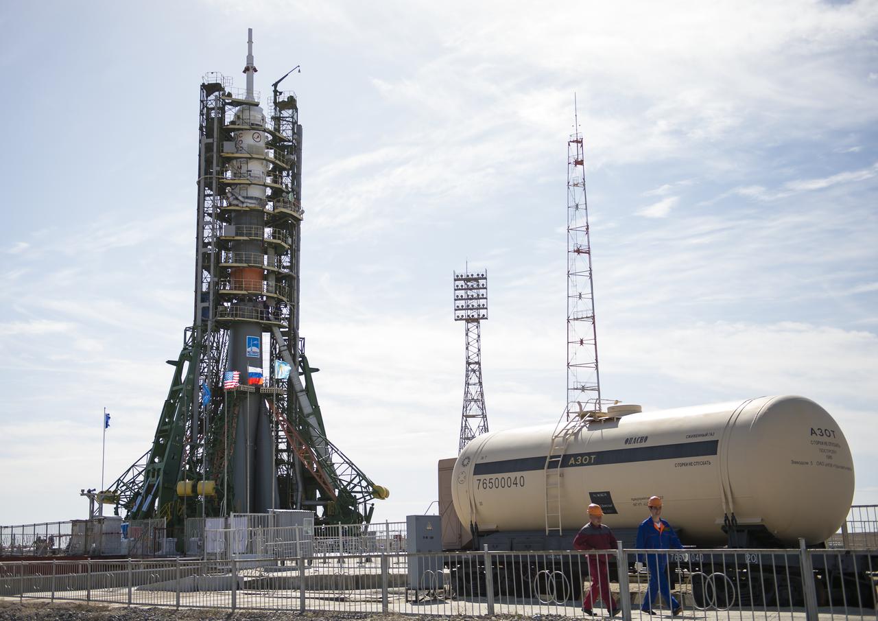 The Soyuz MS-04 spacecraft is seen after being rolled out by train and secured at the launch pad on Monday, April 17, 2017 at the Baikonur Cosmodrome in Kazakhstan. Launch of the Soyuz rocket is scheduled for April 20 and will carry Expedition 51 Soyuz Commander Fyodor Yurchikhin of Roscosmos and Flight Engineer Jack Fischer of NASA into orbit to begin their four and a half month mission on the International Space Station.Photo Credit: (NASA/Aubrey Gemignani)