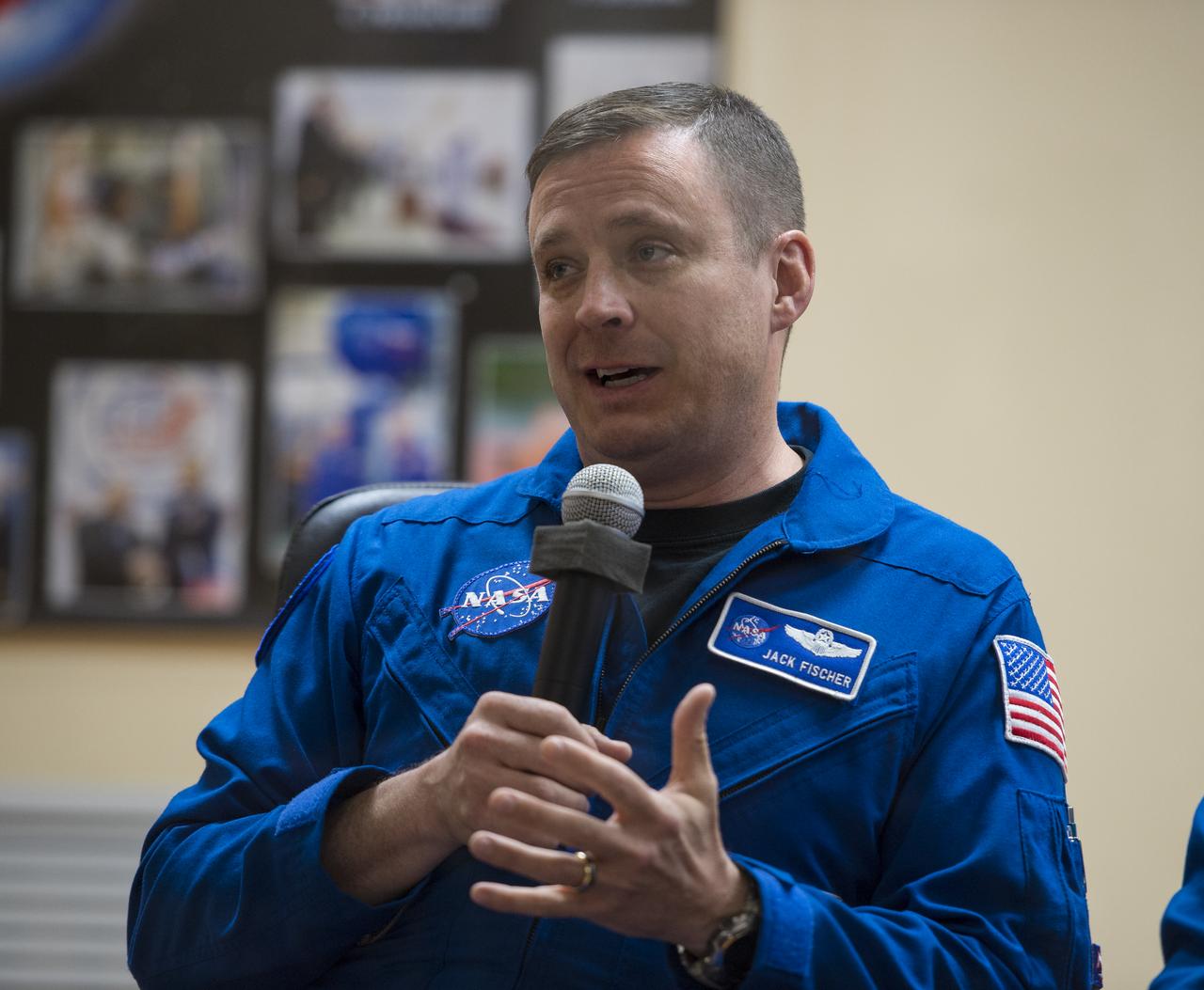 Expedition 51 Flight Engineer Jack Fischer of NASA, answers a question during a press conference on Wednesday, April 19, 2017, at the Cosmonaut Hotel in Baikonur, Kazakhstan. Launch of the Soyuz rocket is scheduled for April 20 and will carry Fischer and Soyuz Commander Fyodor Yurchikhin of Roscosmos into orbit to begin their four and a half month mission on the International Space Station. Photo Credit: (NASA/Aubrey Gemignani)