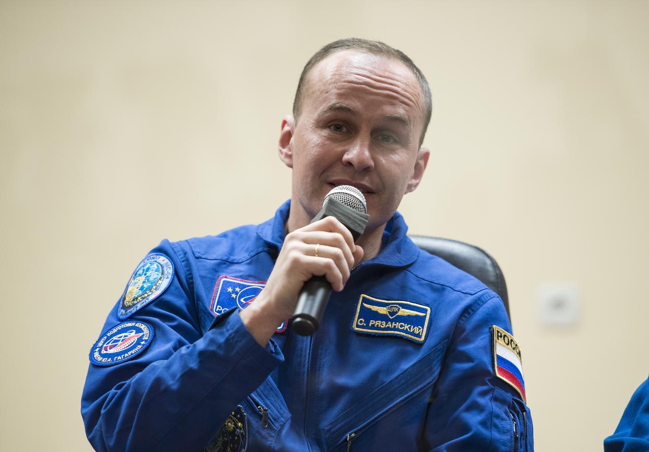 Expedition 51 backup crew member, Sergey Ryazanskiy of Roscosmos answers a question during a press conference on Wednesday, April 19, 2017 at the Cosmonaut Hotel in Baikonur, Kazakhstan. Launch of the Soyuz rocket is scheduled for April 20 and will carry Expedition 51 prime crew members Soyuz Commander Fyodor Yurchikhin of Roscosmos and Flight Engineer Jack Fischer of NASA, into orbit to begin their four and a half month mission on the International Space Station. Photo Credit: (NASA/Aubrey Gemignani)
