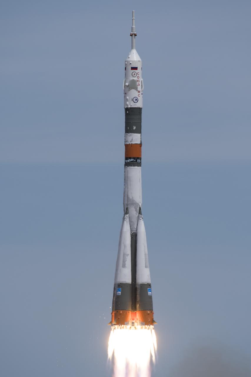 The Soyuz MS-04 rocket launches from the Baikonur Cosmodrome in Kazakhstan on Thursday, April 20, 2017 Baikonur time carrying Expedition 51 Soyuz Commander Fyodor Yurchikhin of Roscosmos and Flight Engineer Jack Fischer of NASA into orbit to begin their four and a half month mission on the International Space Station. (Photo Credit: NASA/Aubrey Gemignani)