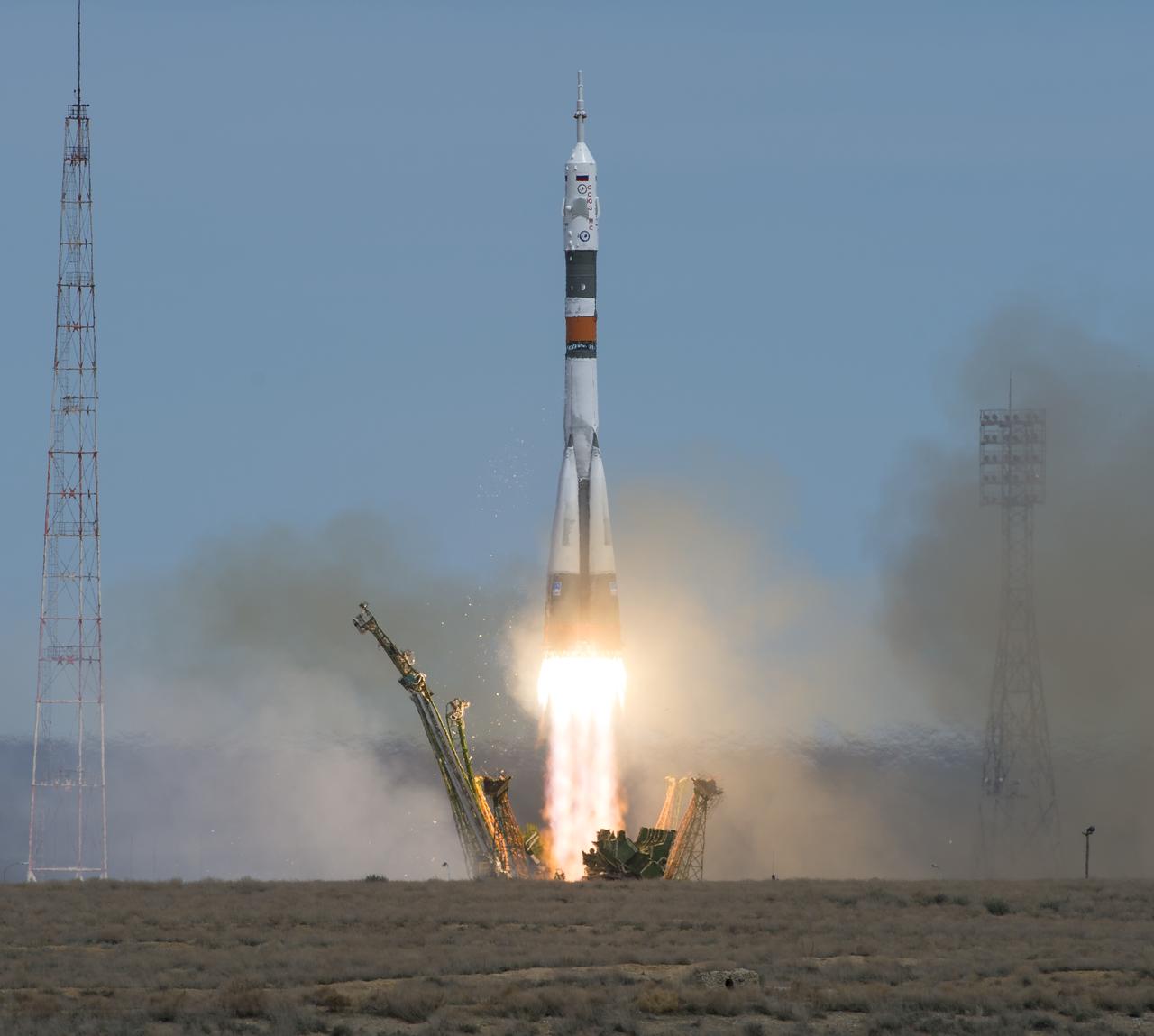 The Soyuz MS-04 rocket launches from the Baikonur Cosmodrome in Kazakhstan on Thursday, April 20, 2017 Baikonur time carrying Expedition 51 Soyuz Commander Fyodor Yurchikhin of Roscosmos and Flight Engineer Jack Fischer of NASA into orbit to begin their four and a half month mission on the International Space Station. (Photo Credit: NASA/Aubrey Gemignani)