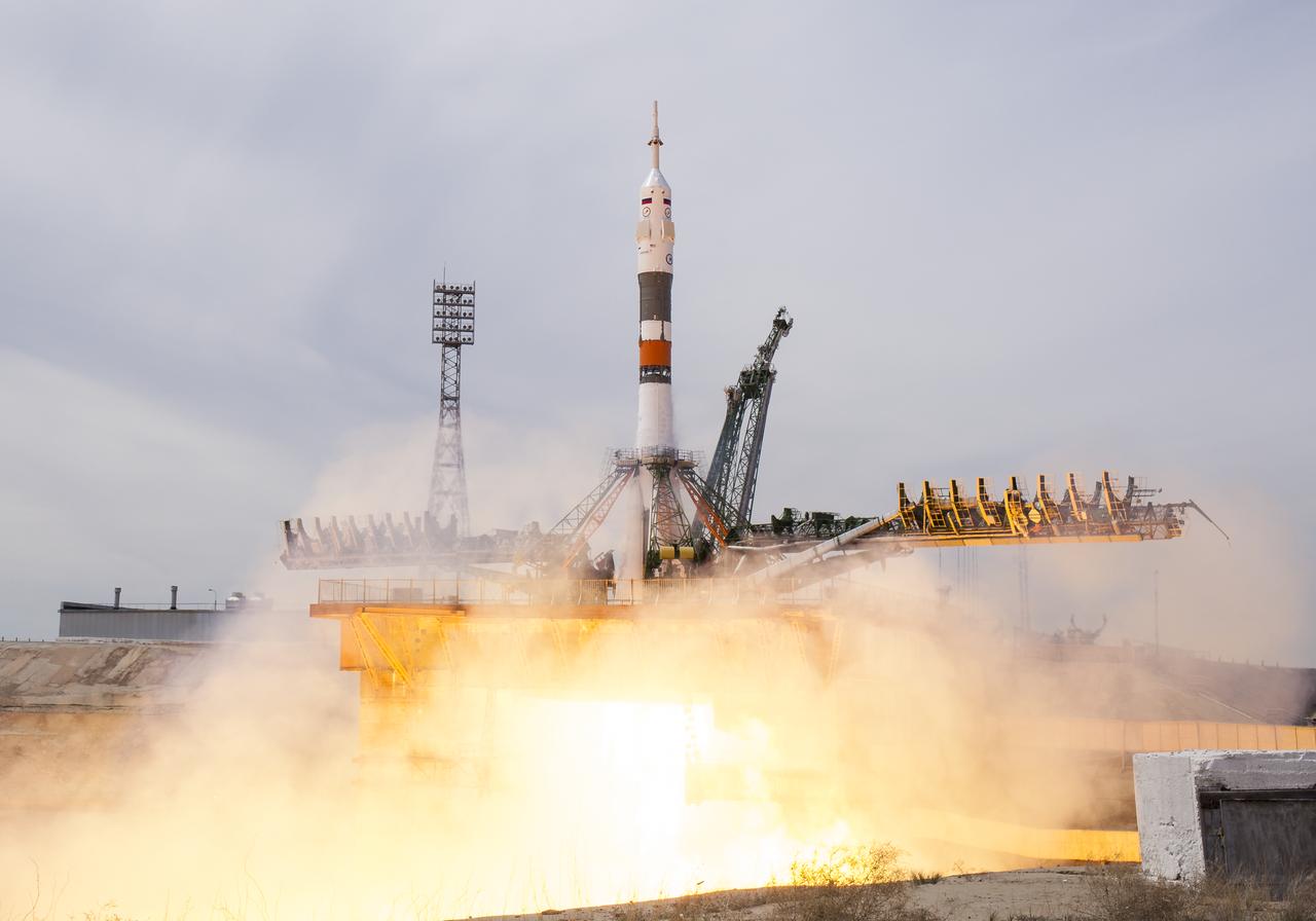 The Soyuz MS-04 rocket launches from the Baikonur Cosmodrome in Kazakhstan on Thursday, April 20, 2017 Baikonur time carrying Expedition 51 Soyuz Commander Fyodor Yurchikhin of Roscosmos and Flight Engineer Jack Fischer of NASA into orbit to begin their four and a half month mission on the International Space Station. (Photo Credit: NASA/Aubrey Gemignani)