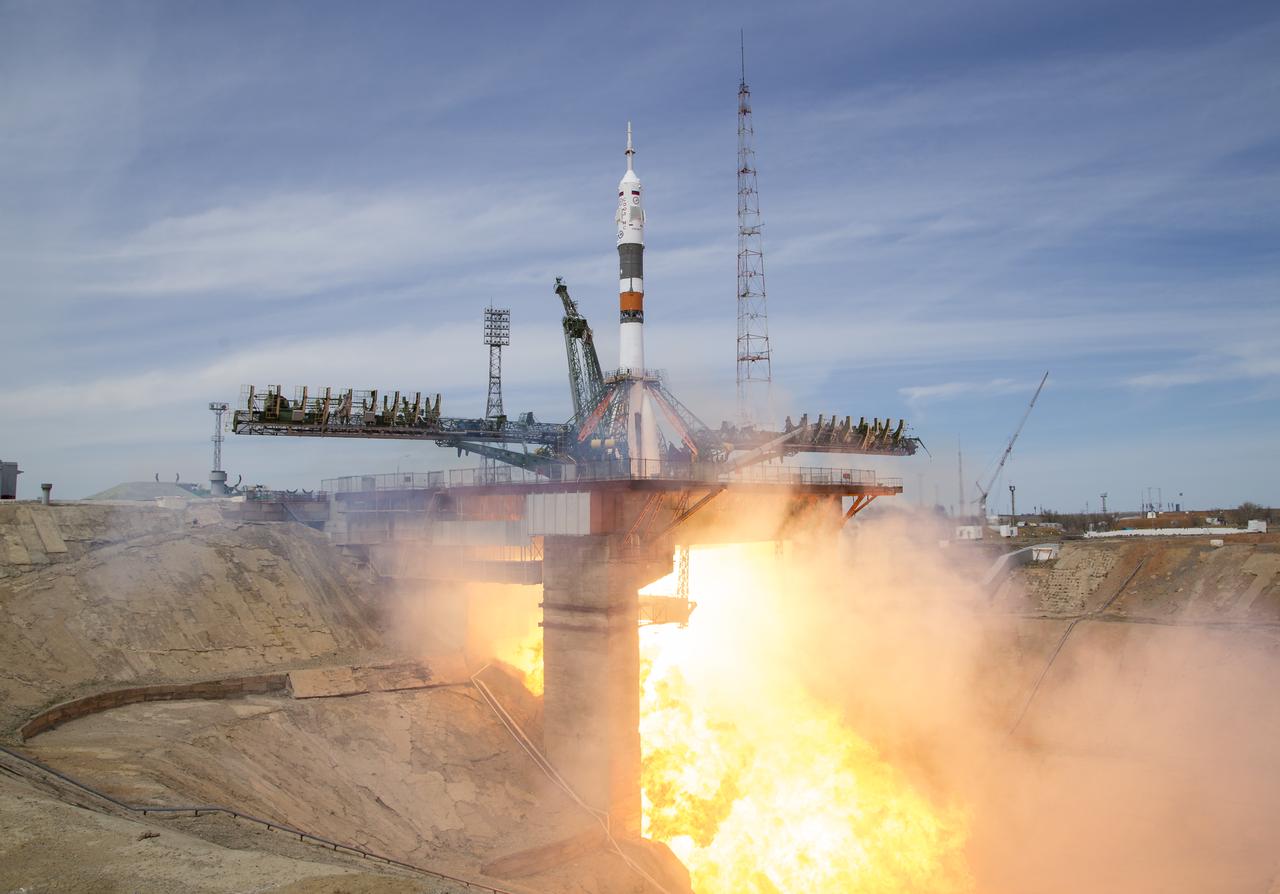 The Soyuz MS-04 rocket launches from the Baikonur Cosmodrome in Kazakhstan on Thursday, April 20, 2017 Baikonur time carrying Expedition 51 Soyuz Commander Fyodor Yurchikhin of Roscosmos and Flight Engineer Jack Fischer of NASA into orbit to begin their four and a half month mission on the International Space Station. (Photo Credit: NASA/Aubrey Gemignani)