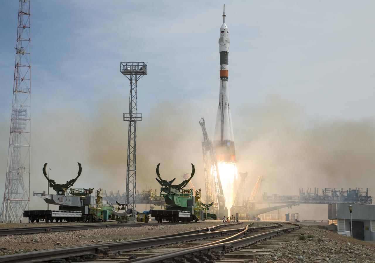 The Soyuz MS-04 rocket launches from the Baikonur Cosmodrome in Kazakhstan on Thursday, April 20, 2017 Baikonur time carrying Expedition 51 Soyuz Commander Fyodor Yurchikhin of Roscosmos and Flight Engineer Jack Fischer of NASA into orbit to begin their four and a half month mission on the International Space Station. (Photo Credit: NASA/Aubrey Gemignani)