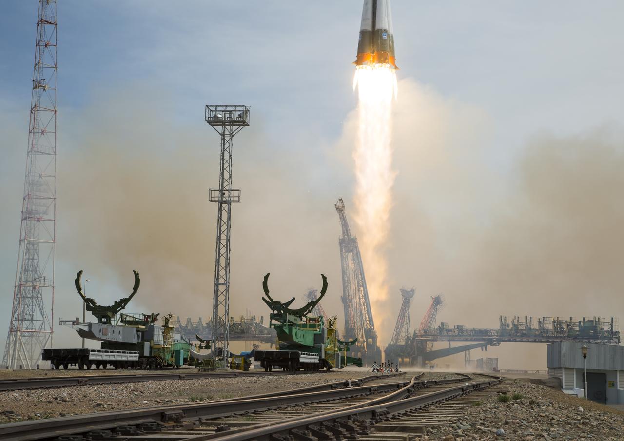 The Soyuz MS-04 rocket launches from the Baikonur Cosmodrome in Kazakhstan on Thursday, April 20, 2017 Baikonur time carrying Expedition 51 Soyuz Commander Fyodor Yurchikhin of Roscosmos and Flight Engineer Jack Fischer of NASA into orbit to begin their four and a half month mission on the International Space Station. (Photo Credit: NASA/Aubrey Gemignani)