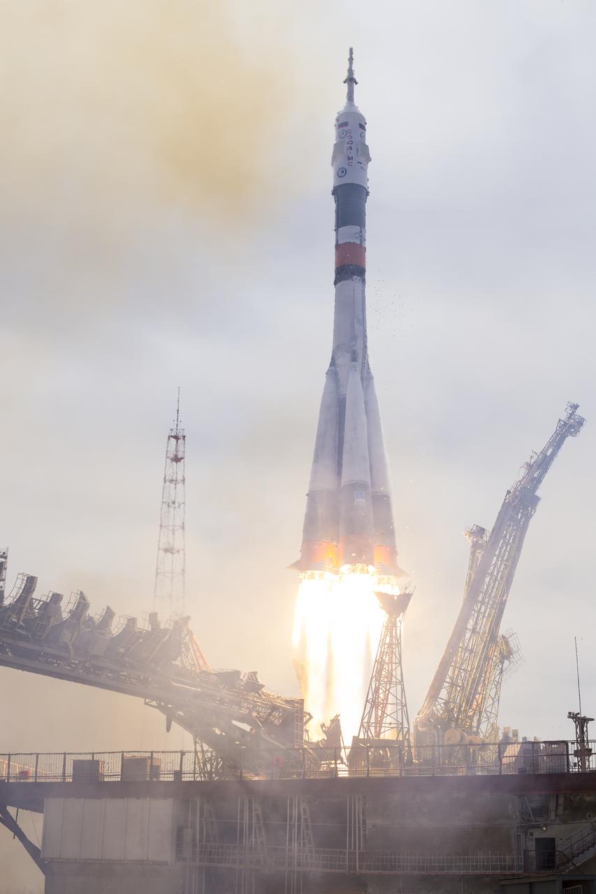 The Soyuz MS-04 rocket launches from the Baikonur Cosmodrome in Kazakhstan on Thursday, April 20, 2017 Baikonur time carrying Expedition 51 Soyuz Commander Fyodor Yurchikhin of Roscosmos and Flight Engineer Jack Fischer of NASA into orbit to begin their four and a half month mission on the International Space Station. (Photo Credit: NASA/Aubrey Gemignani)