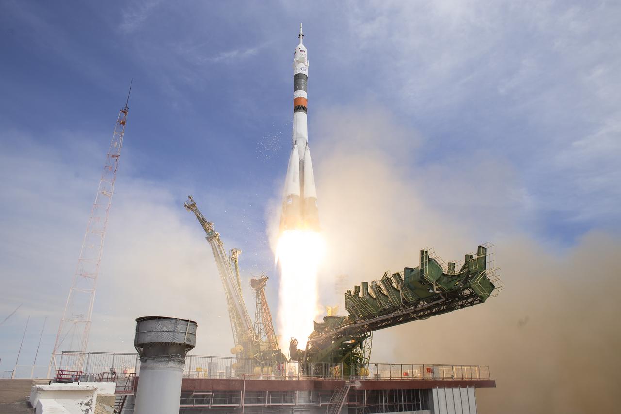 The Soyuz MS-04 rocket launches from the Baikonur Cosmodrome in Kazakhstan on Thursday, April 20, 2017 Baikonur time carrying Expedition 51 Soyuz Commander Fyodor Yurchikhin of Roscosmos and Flight Engineer Jack Fischer of NASA into orbit to begin their four and a half month mission on the International Space Station. (Photo Credit: NASA/Aubrey Gemignani)