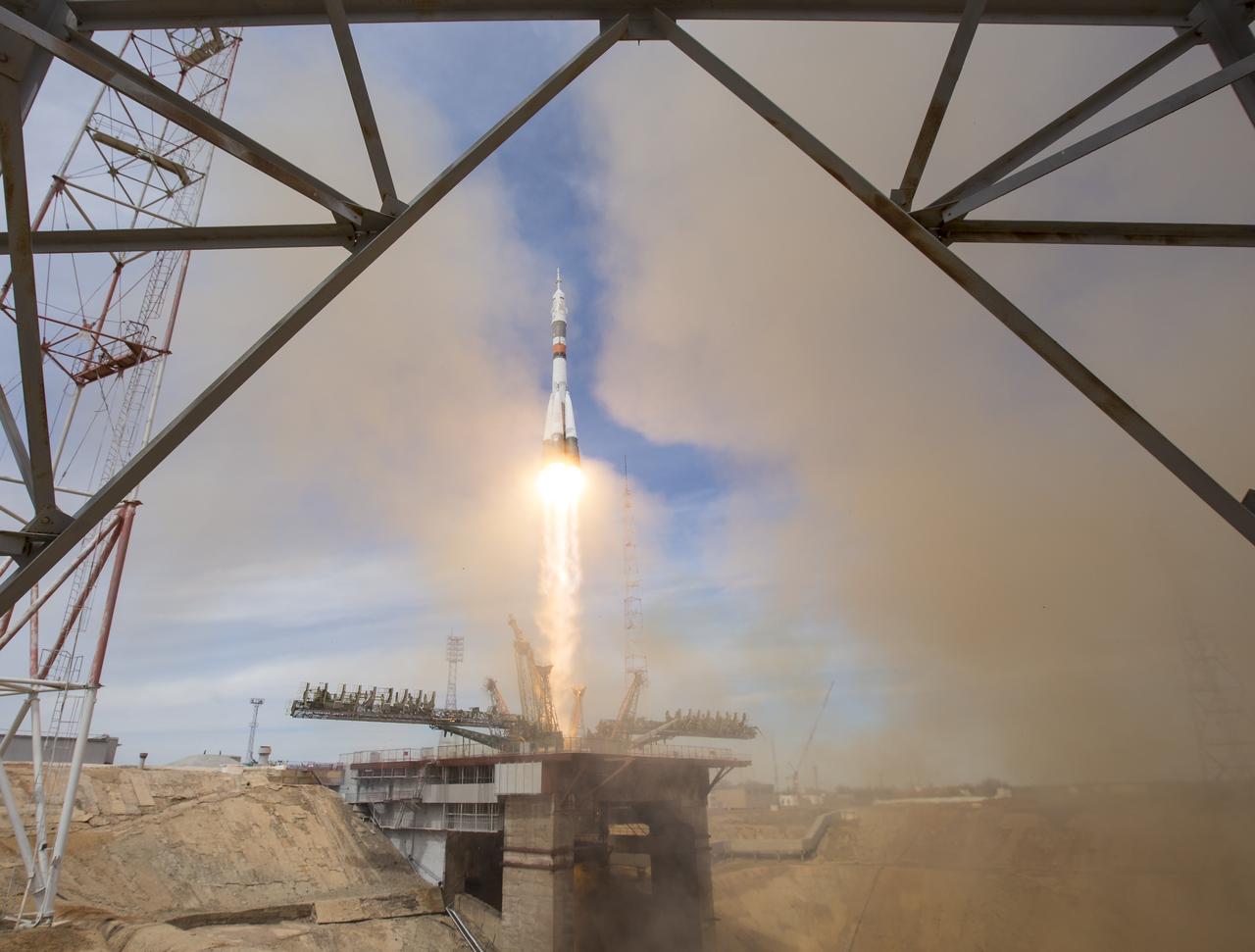 The Soyuz MS-04 rocket launches from the Baikonur Cosmodrome in Kazakhstan on Thursday, April 20, 2017 Baikonur time carrying Expedition 51 Soyuz Commander Fyodor Yurchikhin of Roscosmos and Flight Engineer Jack Fischer of NASA into orbit to begin their four and a half month mission on the International Space Station. (Photo Credit: NASA/Aubrey Gemignani)