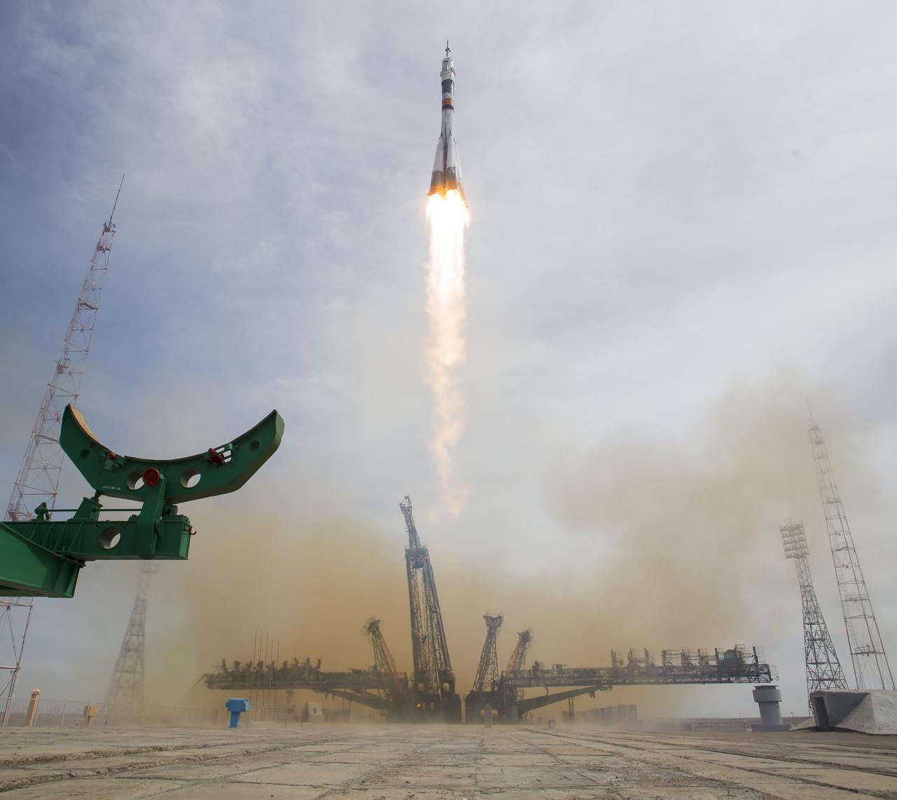 The Soyuz MS-04 rocket launches from the Baikonur Cosmodrome in Kazakhstan on Thursday, April 20, 2017 Baikonur time carrying Expedition 51 Soyuz Commander Fyodor Yurchikhin of Roscosmos and Flight Engineer Jack Fischer of NASA into orbit to begin their four and a half month mission on the International Space Station. (Photo Credit: NASA/Aubrey Gemignani)