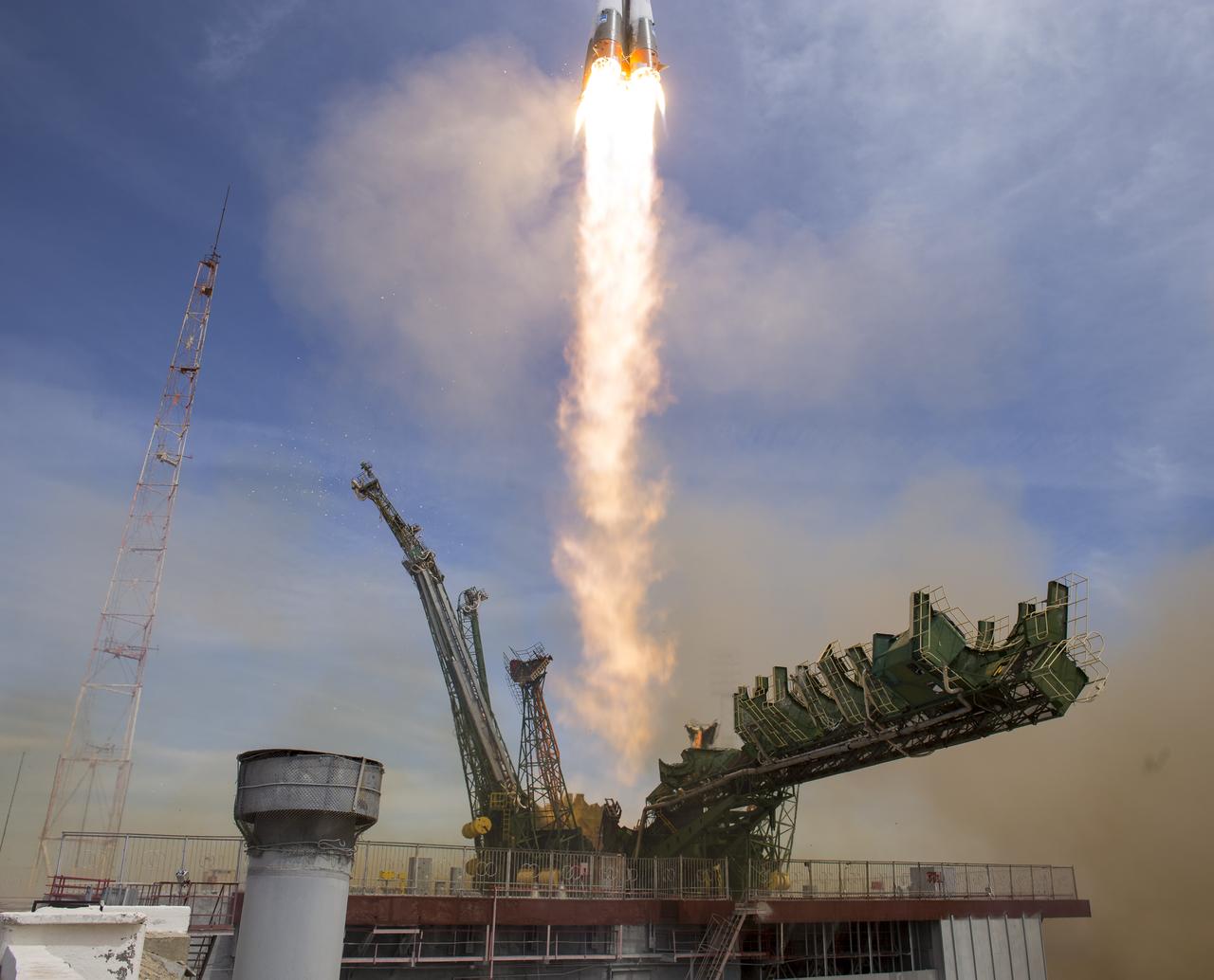 The Soyuz MS-04 rocket launches from the Baikonur Cosmodrome in Kazakhstan on Thursday, April 20, 2017 Baikonur time carrying Expedition 51 Soyuz Commander Fyodor Yurchikhin of Roscosmos and Flight Engineer Jack Fischer of NASA into orbit to begin their four and a half month mission on the International Space Station. (Photo Credit: NASA/Aubrey Gemignani)