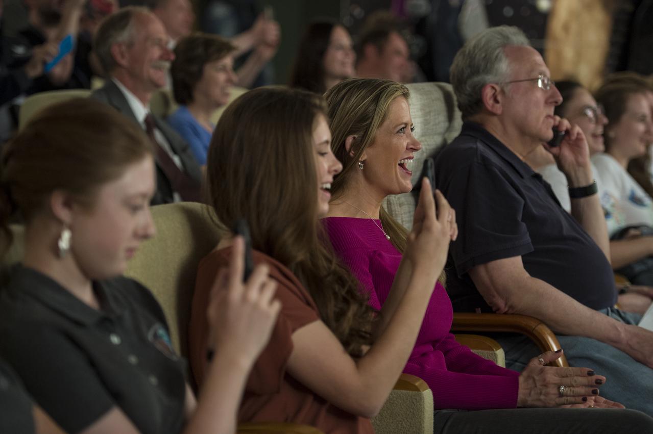 Elizabeth Fischer, wife of Expedition 51 Flight Engineer Jack Fischer of NASA, reacts as she sees Fischer enter the International Space Station during a live video feed of the Expedition 51 crew members a few hours after the Soyuz MS-04 spacecraft docked on Thursday, April 20, 2017 at Tsenki Conference Hall in Baikonur, Kazakhstan. Soyuz Commander Fyodor Yurchikhin of Roscosmos and Fischer's arrival to the International Space Station comes the same day they launched from the Baikonur Cosmodrome in Kazakhstan. Photo Credit (NASA/Aubrey Gemignani)