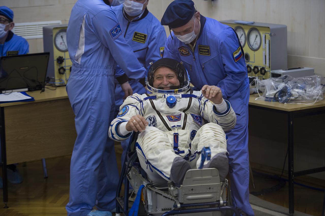 Expedition 51 Soyuz Commander Fyodor Yurchikhin of Roscosmos has his Russian Sokol suit pressure checked in preparation for launch aboard the Soyuz MS-04 spacecraft on Thursday, April 20, 2017, at the Baikonur Cosmodrome in Kazakhstan. Launch of the Soyuz rocket is scheduled for 1:13pm April 20 Baikonur time, and will carry Yurchikhin and fellow crewmate, Flight Engineer Jack Fischer of NASA into orbit to begin their four and a half month mission on the International Space Station. Photo Credit: (NASA/Aubrey Gemignani)