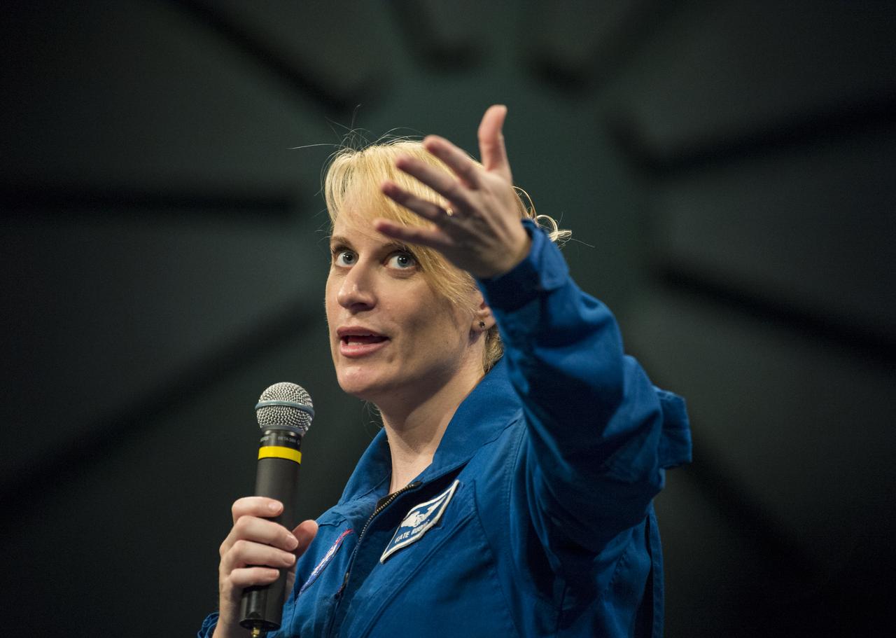 NASA Astronaut Kate Rubins speaks about her time onboard the International Space Station during Expeditions 48 and 49 Thursday, April 27, 2017 at Smithsonian's National Air and Space Museum in Washington. Rubins became the first person to sequence DNA in space and completed her first mission when she landed in a remote area near the town of Zhezkazgan, Kazakhstan in October 2016. Photo Credit: (NASA/Aubrey Gemignani)