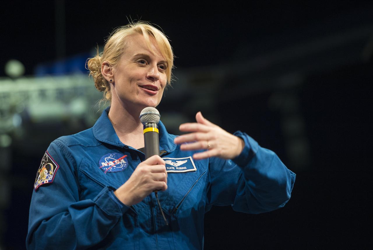 NASA Astronaut Kate Rubins speaks about her time onboard the International Space Station during Expeditions 48 and 49 Thursday, April 27, 2017 at Smithsonian's National Air and Space Museum in Washington. Rubins became the first person to sequence DNA in space and completed her first mission when she landed in a remote area near the town of Zhezkazgan, Kazakhstan in October 2016. Photo Credit: (NASA/Aubrey Gemignani)