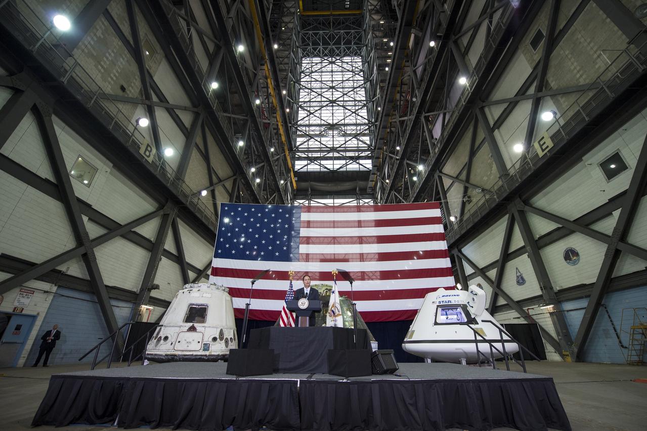 Acting NASA Director, Robert Lightfoot, welcomes guests and introduces Vice President Mike Pence, Thursday, July 6, 2017, at the Vehicle Assembly Building at NASA’s Kennedy Space Center (KSC) in Cape Canaveral, Florida. Vice President Mike Pence is also scheduled to speak at the event to highlight innovations made in America and tour some of the public/private partnership work that is helping to transform the center into a multi-user spaceport. Photo Credit: (NASA/Aubrey Gemignani)