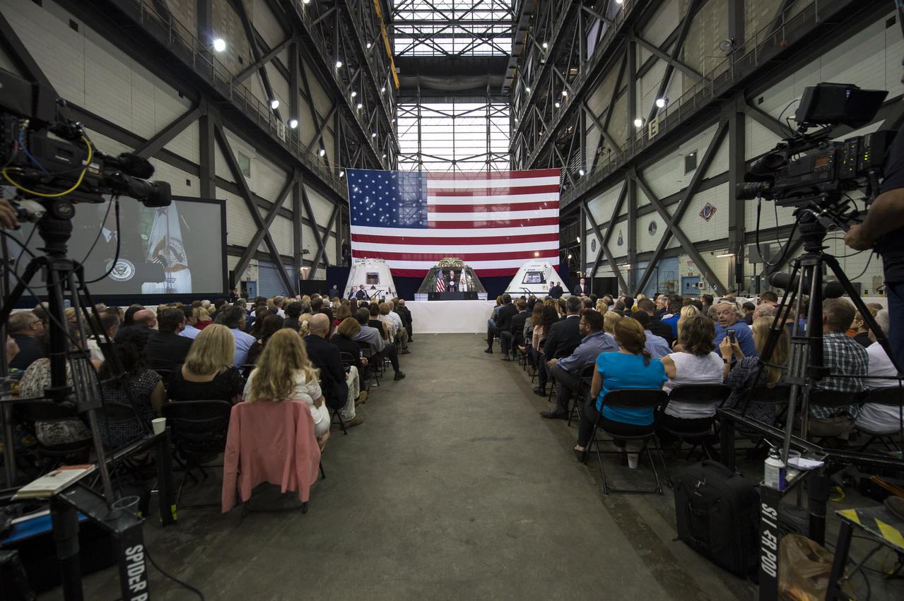 Vice President Mike Pence addresses NASA employees, Thursday, July 6, 2017, at the Vehicle Assembly Building at NASA’s Kennedy Space Center (KSC) in Cape Canaveral, Florida. The Vice President thanked employees for advancing American leadership in space, before going on a tour of the center that highlighted the public-private partnerships at KSC, as both NASA and commercial companies prepare to launch American astronauts from the multi-user spaceport. Photo Credit: (NASA/Aubrey Gemignani)