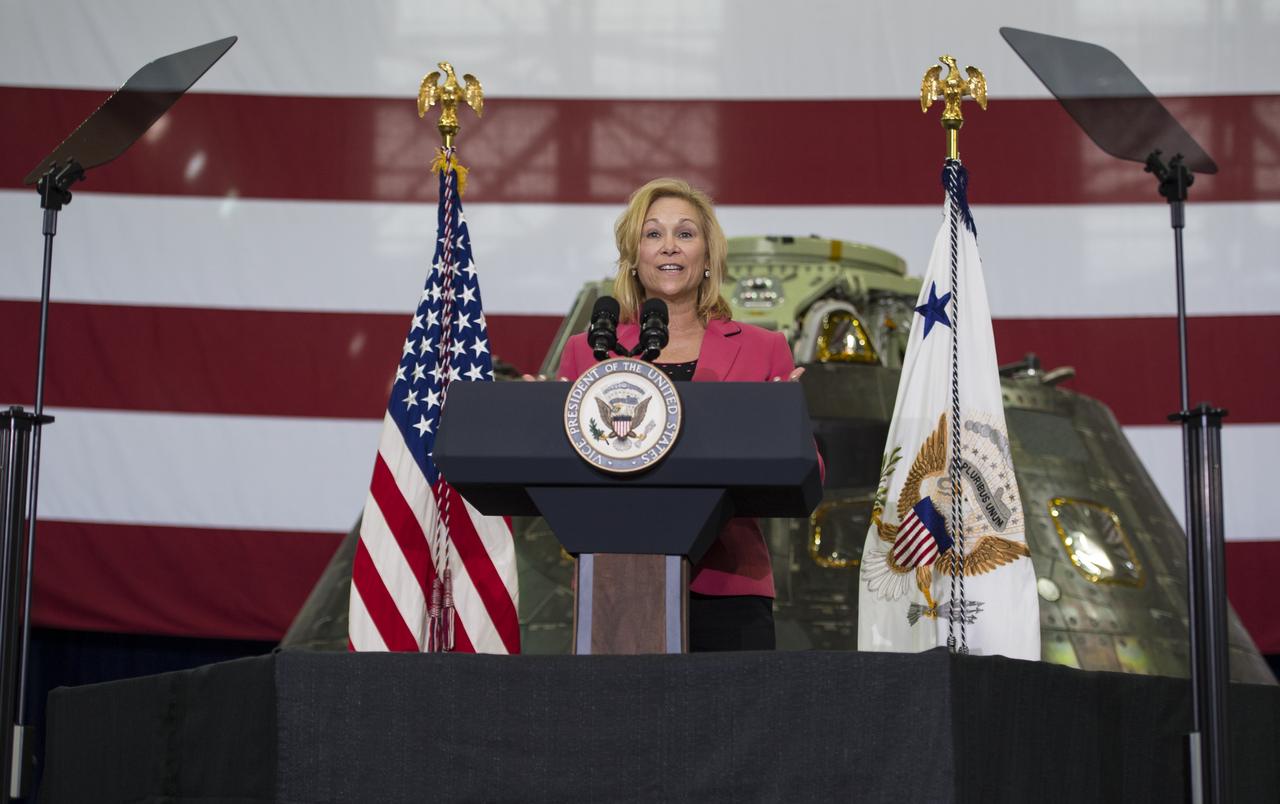 NASA Kennedy Space Center (KSC) Deputy Director Janet Petro welcomes guests and introduces KSC Director, Robert Cabana, Thursday, July 6, 2017, at the Vehicle Assembly Building at KSC in Cape Canaveral, Florida. Vice President Mike Pence is also scheduled to speak at the event to highlight innovations made in America and tour some of the public/private partnership work that is helping to transform the center into a multi-user spaceport. Photo Credit: (NASA/Aubrey Gemignani)