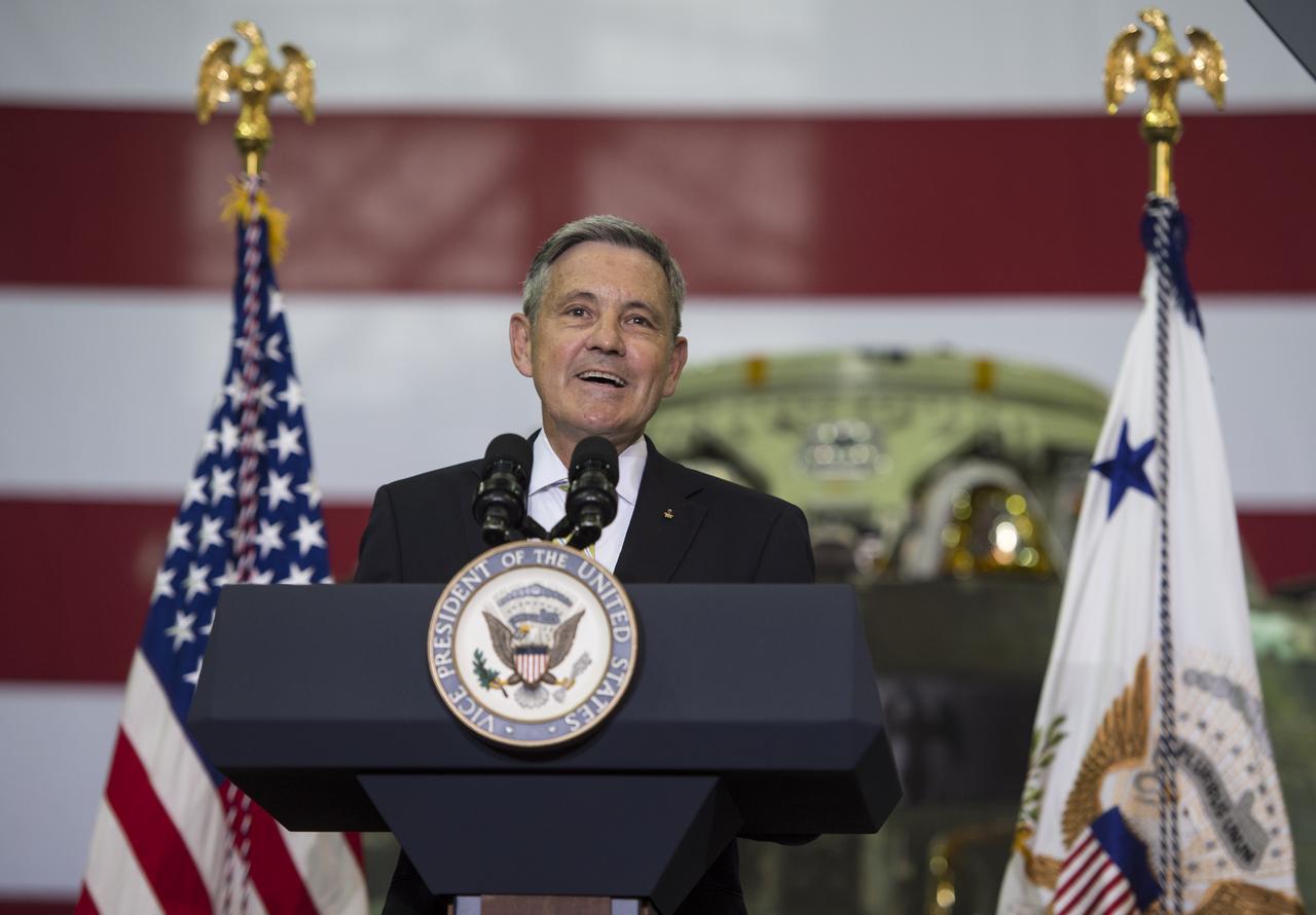 NASA Kennedy Space Center (KSC) Director Robert D. Cabana welcomes guests and introduces Acting NASA Administrator Robert Lightfoot, Thursday, July 6, 2017, at the Vehicle Assembly Building at KSC in Cape Canaveral, Florida. Vice President Mike Pence is also scheduled to speak at the event to highlight innovations made in America and tour some of the public/private partnership work that is helping to transform the center into a multi-user spaceport. Photo Credit: (NASA/Aubrey Gemignani)