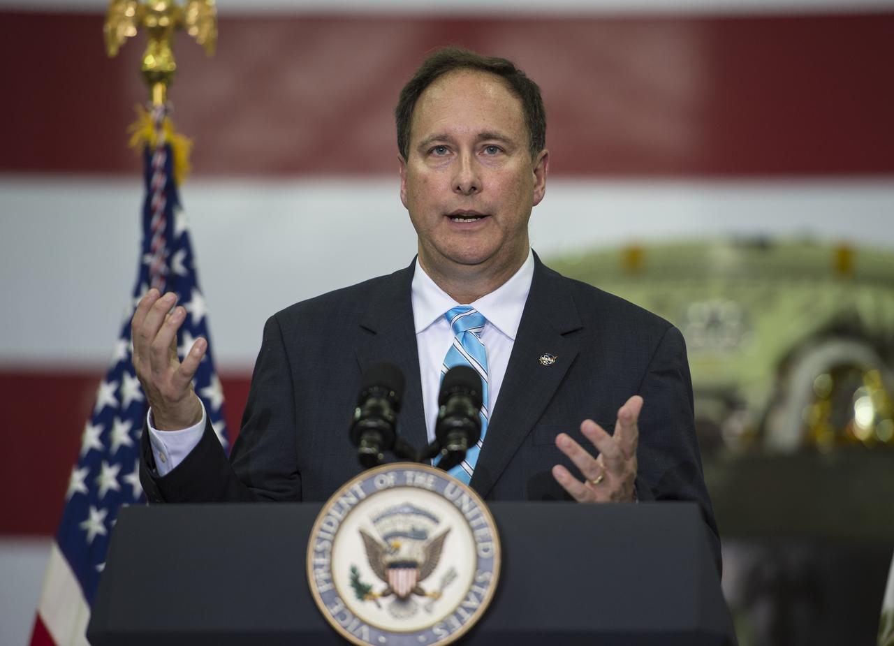 Acting NASA Director, Robert Lightfoot, welcomes guests and introduces Vice President Mike Pence, Thursday, July 6, 2017, at the Vehicle Assembly Building at NASA’s Kennedy Space Center (KSC) in Cape Canaveral, Florida. Vice President Mike Pence is also scheduled to speak at the event to highlight innovations made in America and tour some of the public/private partnership work that is helping to transform the center into a multi-user spaceport. Photo Credit: (NASA/Aubrey Gemignani)