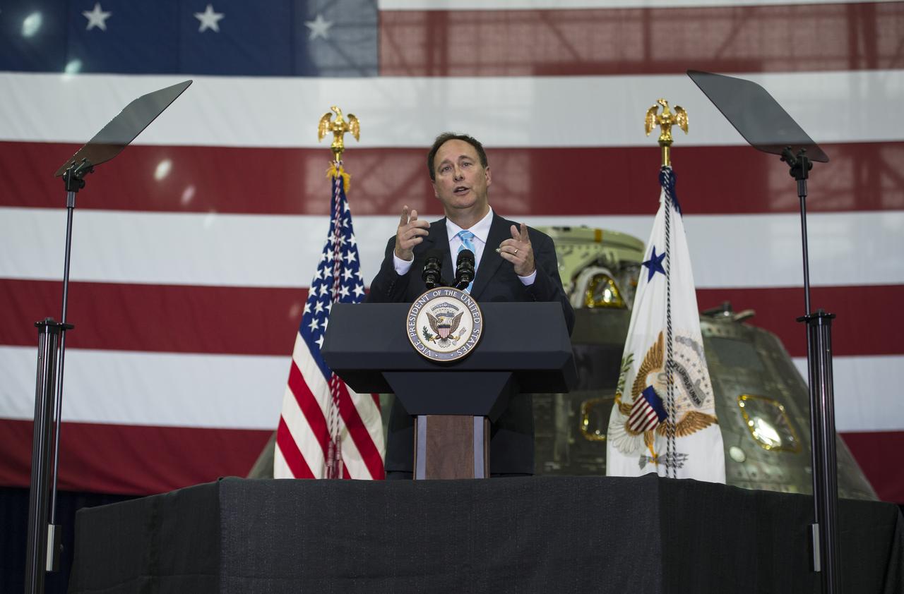 Acting NASA Director, Robert Lightfoot, welcomes guests and introduces Vice President Mike Pence, Thursday, July 6, 2017, at the Vehicle Assembly Building at NASA’s Kennedy Space Center (KSC) in Cape Canaveral, Florida. Vice President Mike Pence is also scheduled to speak at the event to highlight innovations made in America and tour some of the public/private partnership work that is helping to transform the center into a multi-user spaceport. Photo Credit: (NASA/Aubrey Gemignani)