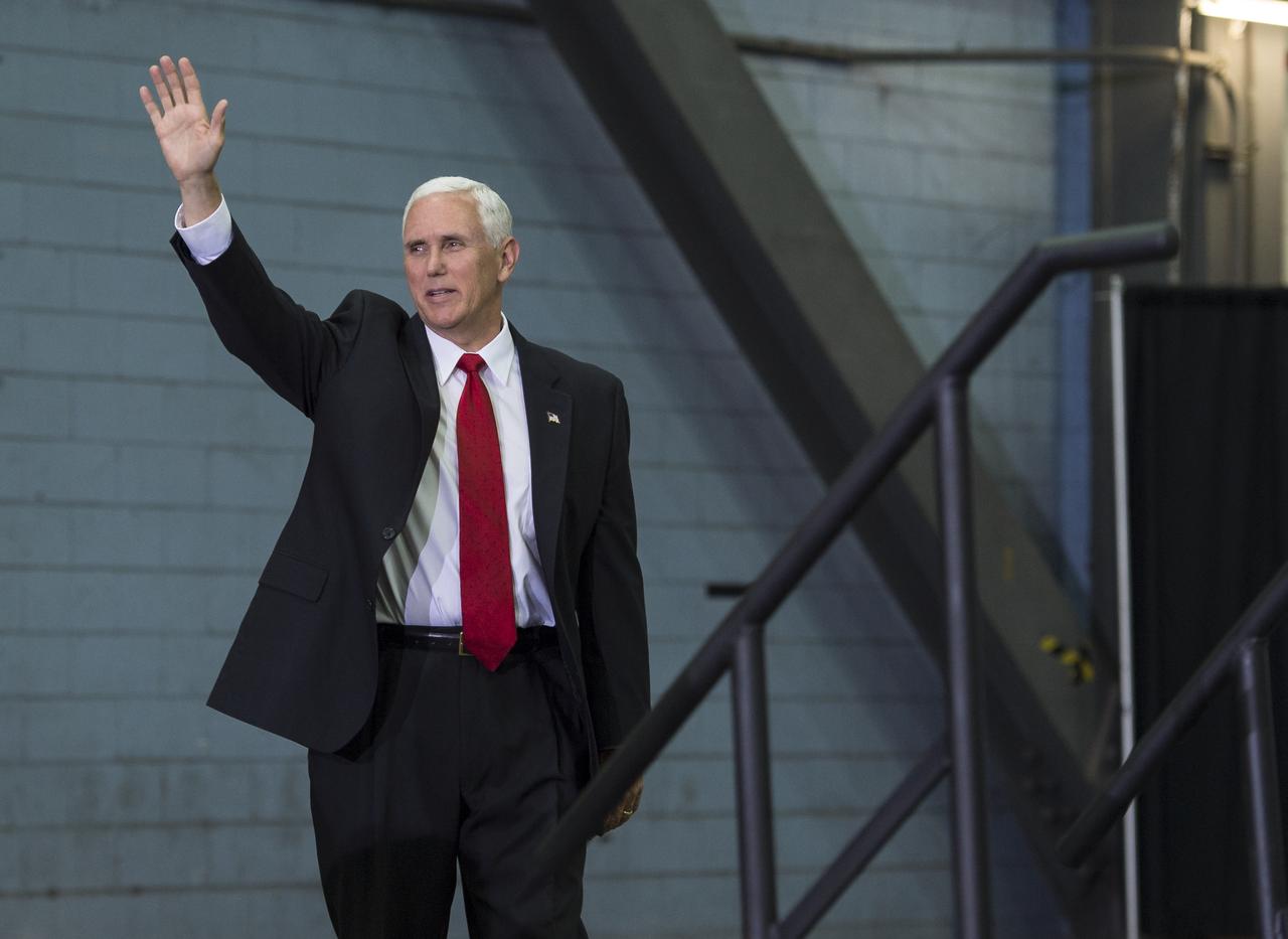 Vice President Mike Pence waves before addressing NASA employees, Thursday, July 6, 2017, at the Vehicle Assembly Building at NASA’s Kennedy Space Center (KSC) in Cape Canaveral, Florida. The Vice President thanked employees for advancing American leadership in space, before going on a tour of the center that highlighted the public-private partnerships at KSC, as both NASA and commercial companies prepare to launch American astronauts from the multi-user spaceport. Photo Credit: (NASA/Aubrey Gemignani)