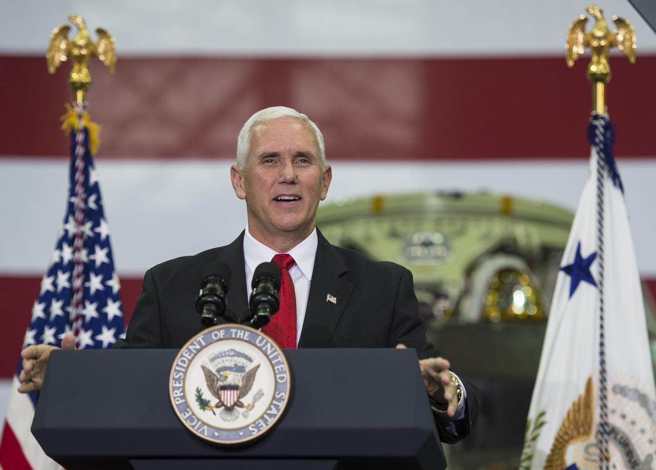 Vice President Mike Pence addresses NASA employees, Thursday, July 6, 2017, at the Vehicle Assembly Building at NASA’s Kennedy Space Center (KSC) in Cape Canaveral, Florida. The Vice President thanked employees for advancing American leadership in space, before going on a tour of the center that highlighted the public-private partnerships at KSC, as both NASA and commercial companies prepare to launch American astronauts from the multi-user spaceport. Photo Credit: (NASA/Aubrey Gemignani)