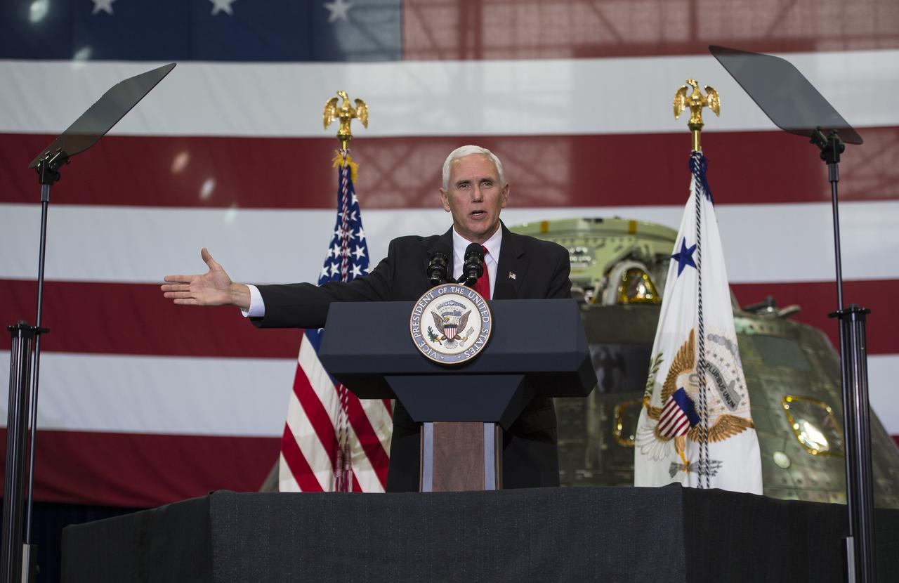 Vice President Mike Pence addresses NASA employees, Thursday, July 6, 2017, at the Vehicle Assembly Building at NASA’s Kennedy Space Center (KSC) in Cape Canaveral, Florida. The Vice President thanked employees for advancing American leadership in space, before going on a tour of the center that highlighted the public-private partnerships at KSC, as both NASA and commercial companies prepare to launch American astronauts from the multi-user spaceport. Photo Credit: (NASA/Aubrey Gemignani)