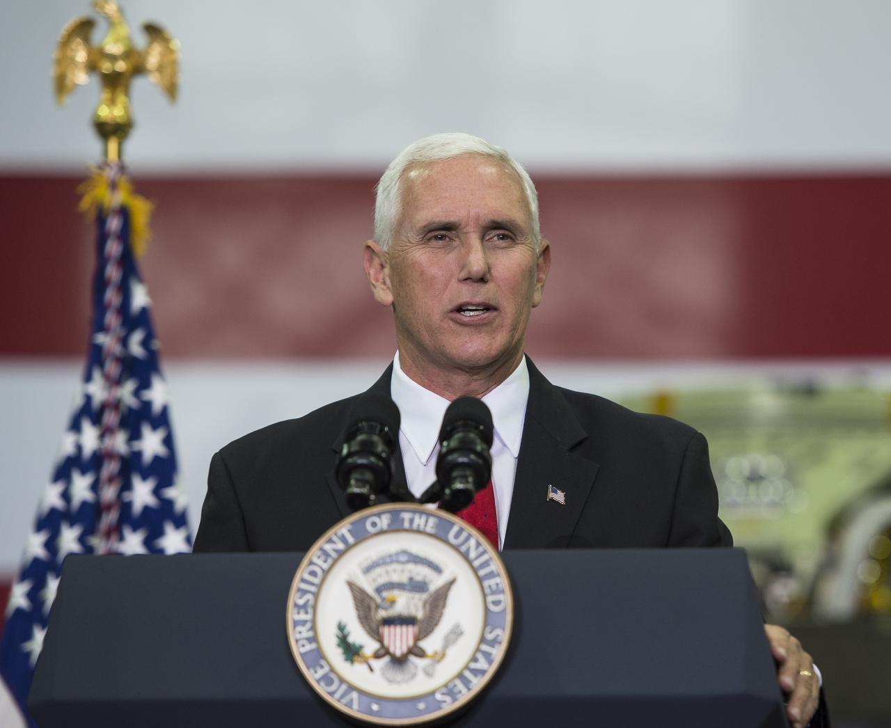 Vice President Mike Pence addresses NASA employees, Thursday, July 6, 2017, at the Vehicle Assembly Building at NASA’s Kennedy Space Center (KSC) in Cape Canaveral, Florida. The Vice President thanked employees for advancing American leadership in space, before going on a tour of the center that highlighted the public-private partnerships at KSC, as both NASA and commercial companies prepare to launch American astronauts from the multi-user spaceport. Photo Credit: (NASA/Aubrey Gemignani)