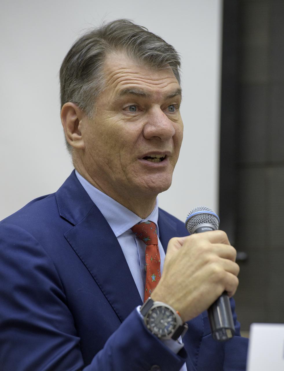 Expedition 52 flight engineer Paolo Nespoli of ESA answers a reporter's question during a crew press conference at the Gagarin Cosmonaut Training Center (GCTC), Monday, July 10, 2017 in Star City, Russia. Photo Credit: (NASA/Bill Ingalls)