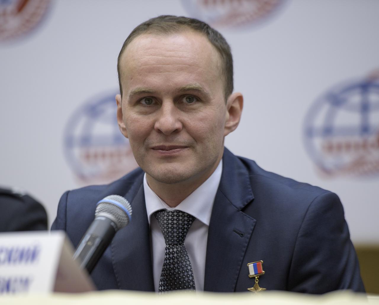 Expedition 52 flight engineer Sergey Ryazanskiy of Roscosmos is seen during a crew press conference at the Gagarin Cosmonaut Training Center (GCTC), Monday, July 10, 2017 in Star City, Russia.  Photo Credit: (NASA/Bill Ingalls)