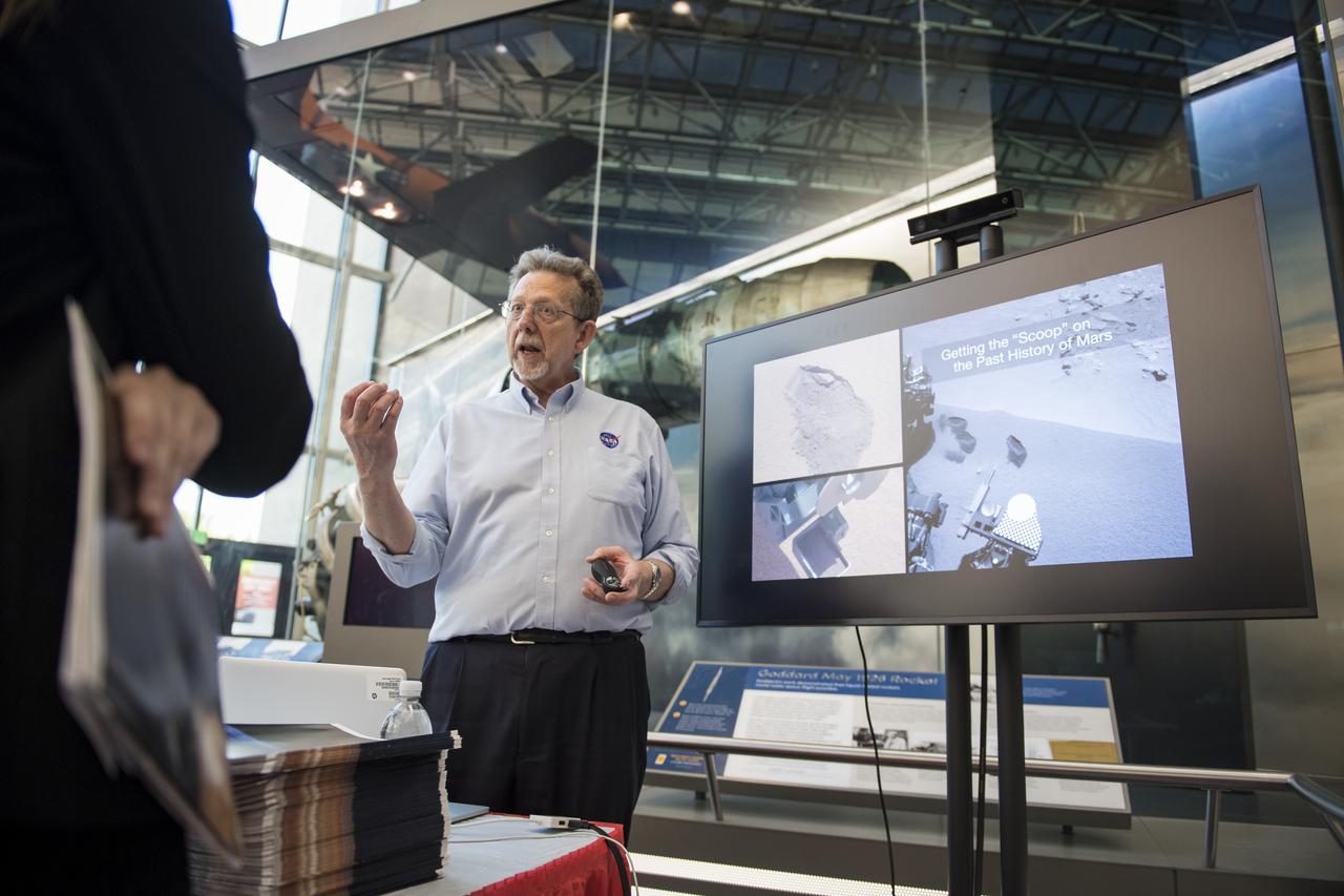 Jim Green, director of NASA’s Planetary Science Division, discusses NASA’s Mars missions with visitors during the Smithsonian Institution’s National Air and Space Museum Mars Day, celebrating the Red Planet with exhibits, speakers, and educational activities, Friday, July 21, 2017 in Washington. Photo Credit: (NASA/Aubrey Gemignani)