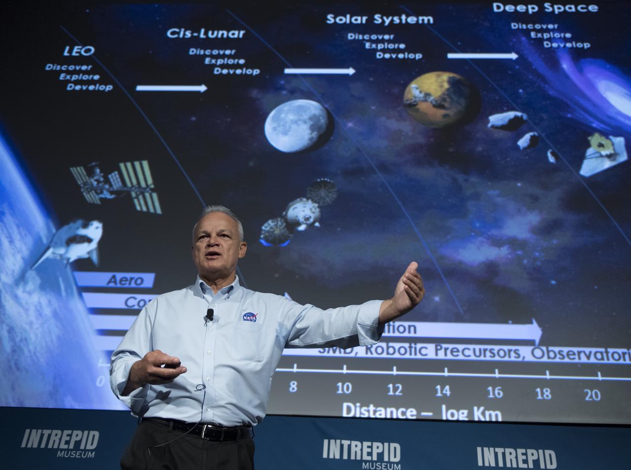 NASA Acting Chief Technologist Douglas Terrier gives a talk to teachers attending a professional development workshop held in tandem with the Intrepid Space & Science Festival, Saturday, Aug. 5, 2017 at the Intrepid Sea, Air & Space Museum in New York City. The week-long festival featured talks, films and cutting-edge displays showcasing NASA technology.  Photo Credit: (NASA/Bill Ingalls)