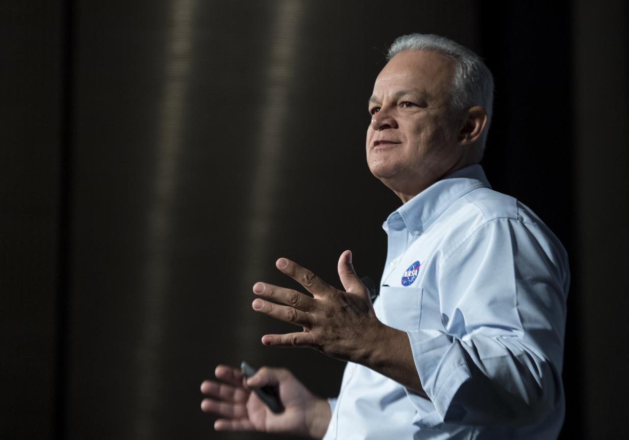 NASA Acting Chief Technologist Douglas Terrier gives a talk to teachers attending a professional development workshop held in tandem with the Intrepid Space & Science Festival, Saturday, Aug. 5, 2017 at the Intrepid Sea, Air & Space Museum in New York City. The week-long festival featured talks, films and cutting-edge displays showcasing NASA technology.  Photo Credit: (NASA/Bill Ingalls)