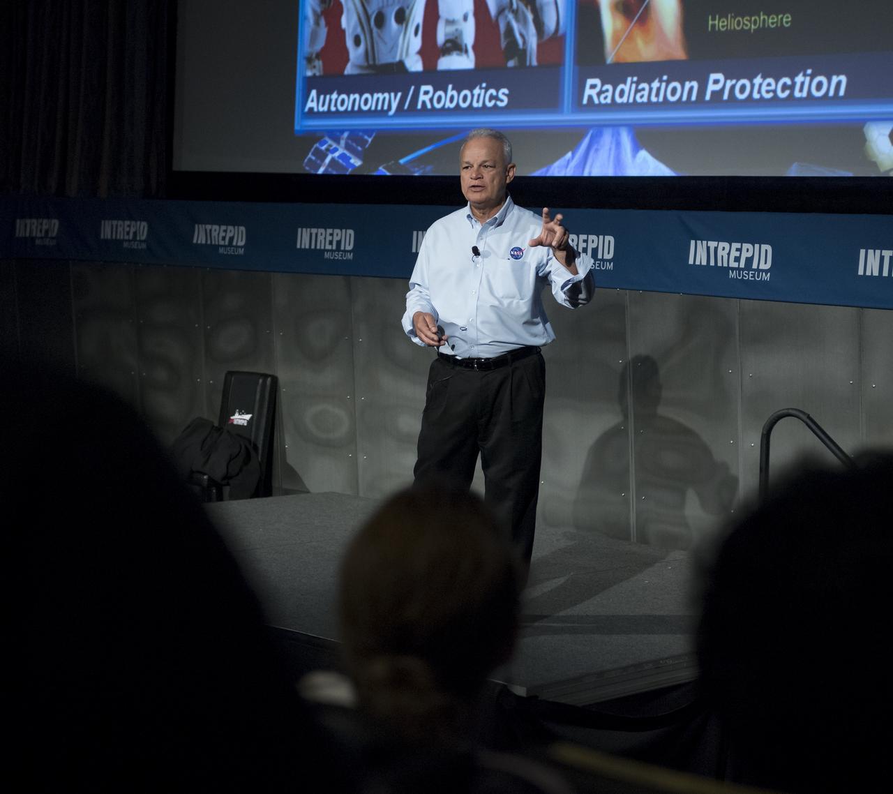 NASA Acting Chief Technologist Douglas Terrier gives a talk to teachers attending a professional development workshop held in tandem with the Intrepid Space & Science Festival, Saturday, Aug. 5, 2017 at the Intrepid Sea, Air & Space Museum in New York City. The week-long festival featured talks, films and cutting-edge displays showcasing NASA technology.  Photo Credit: (NASA/Bill Ingalls)