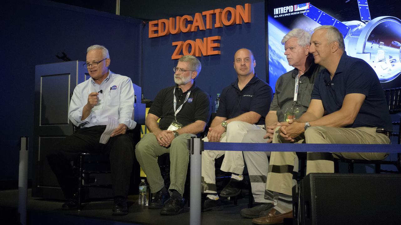 NASA Acting Chief Technologist Douglas Terrier, left, moderates a panel discussion titled "The Big Picture" with NASA James Webb Space Telescope systems engineer Mike Menzel,  SpaceX Director of space operations and former NASA astronaut Garret Reisman, Honeybee Robotics co-founder and chairman Stephen Gorevan, and former NASA astronaut Mike Massimino, Saturday, Aug. 5, 2017 at the Intrepid Sea, Air & Space Museum in New York City. Photo Credit: (NASA/Bill Ingalls)
