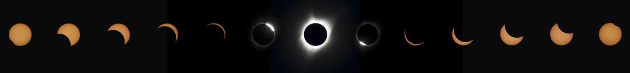 This composite image of thirteen photographs shows the progression of a total solar eclipse at Madras High School in Madras, Oregon on Monday, August 21, 2017. A total solar eclipse swept across a narrow portion of the contiguous United States from Lincoln Beach, Oregon to Charleston, South Carolina. A partial solar eclipse was visible across the entire North American continent along with parts of South America, Africa, and Europe. Photo Credit: (NASA/Aubrey Gemignani)