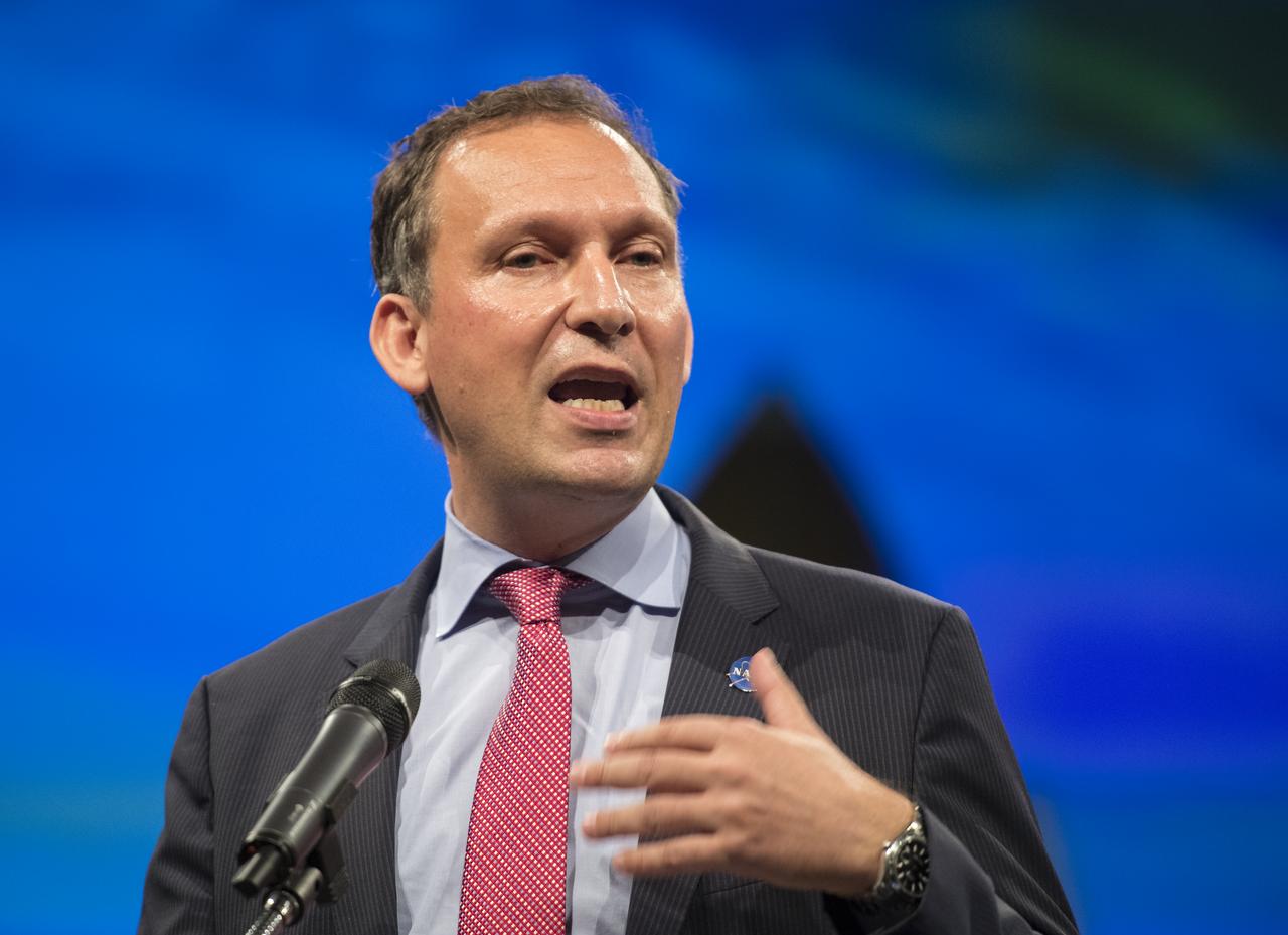 Thomas Zurbuchen, NASA associate administrator, Science Mission Directorate, gives opening remarks at an event to celebrate the 40th Anniversary of the launch of the Voyager 1 and 2 missions, Tuesday, September 5, 2017 at Smithsonian's National Air and Space Museum in Washington. Voyager 1 was launched September 5, 1977, with a mission to study Jupiter and Saturn, but now the twin Voyager spacecrafts are on a journey into interstellar space to search for the heliopause, a region never reached by any other spacecraft. Photo Credit: (NASA/Aubrey Gemignani)