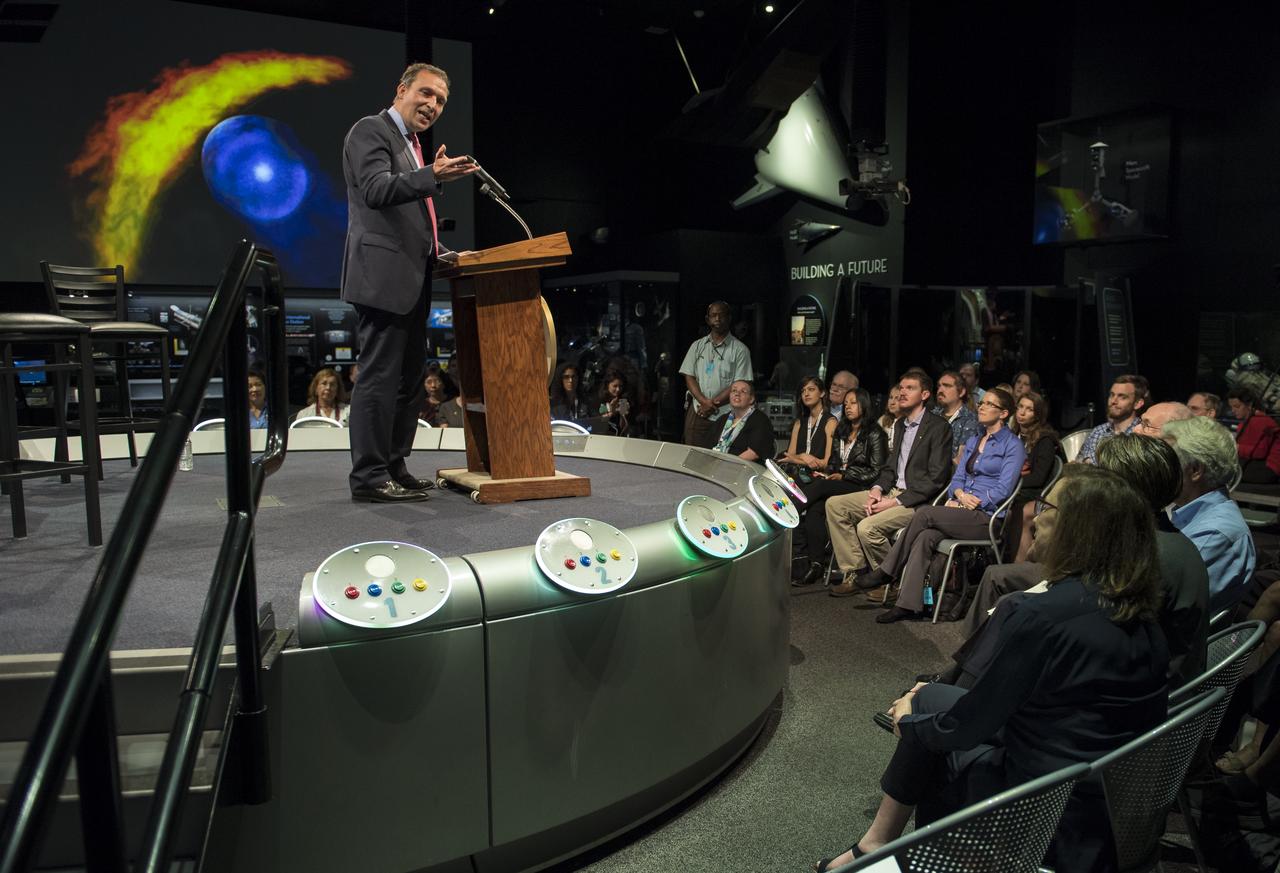 Thomas Zurbuchen, NASA associate administrator, Science Mission Directorate, gives opening remarks at an event to celebrate the 40th Anniversary of the launch of the Voyager 1 and 2 missions, Tuesday, September 5, 2017 at Smithsonian's National Air and Space Museum in Washington. Voyager 1 was launched September 5, 1977, with a mission to study Jupiter and Saturn, but now the twin Voyager spacecrafts are on a journey into interstellar space to search for the heliopause, a region never reached by any other spacecraft. Photo Credit: (NASA/Aubrey Gemignani)