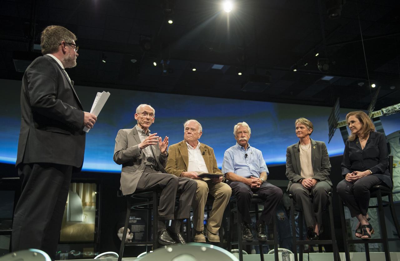 Matthew Shindell, curator, Smithsonian National Air and Space Museum (NASM), far left, moderates a panel including, from left to right, Ed Stone, Voyager project scientist; Gary Flandro, Voyager mission grand tour creator; Alan Cummings, Voyager researcher; Suzy Dodd, Voyager project manager, NASA's Jet Propulsion Laboratory; and Ann Druyan, writer/producer, Golden Record Visionary during a celebration of the 40th Anniversary of the launch of the Voyager 1 and 2 missions, Tuesday, September 5, 2017 at NASM in Washington. Voyager 1 was launched September 5, 1977, with a mission to study Jupiter and Saturn, but now the twin Voyager spacecrafts are on a journey into interstellar space to search for the heliopause, a region never reached by any other spacecraft. Photo Credit: (NASA/Aubrey Gemignani)