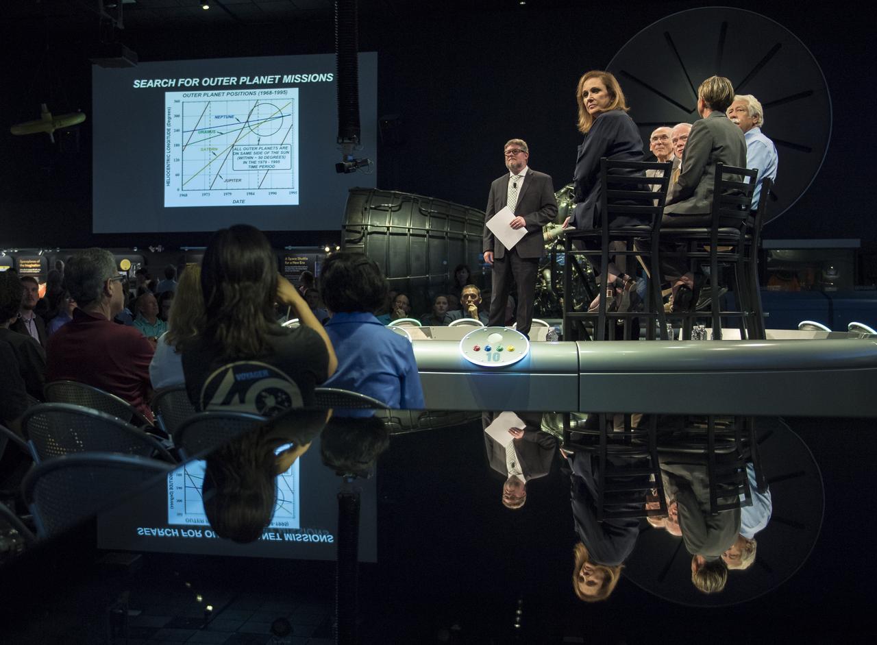Gary Flandro, Voyager mission grand tour creator, speaks on a panel at an event to celebrate the 40th Anniversary of the launch of the Voyager 1 and 2 missions, Tuesday, September 5, 2017 at Smithsonian's National Air and Space Museum in Washington. Voyager 1 was launched September 5, 1977, with a mission to study Jupiter and Saturn, but now the twin Voyager spacecrafts are on a journey into interstellar space to search for the heliopause, a region never reached by any other spacecraft. Photo Credit: (NASA/Aubrey Gemignani)