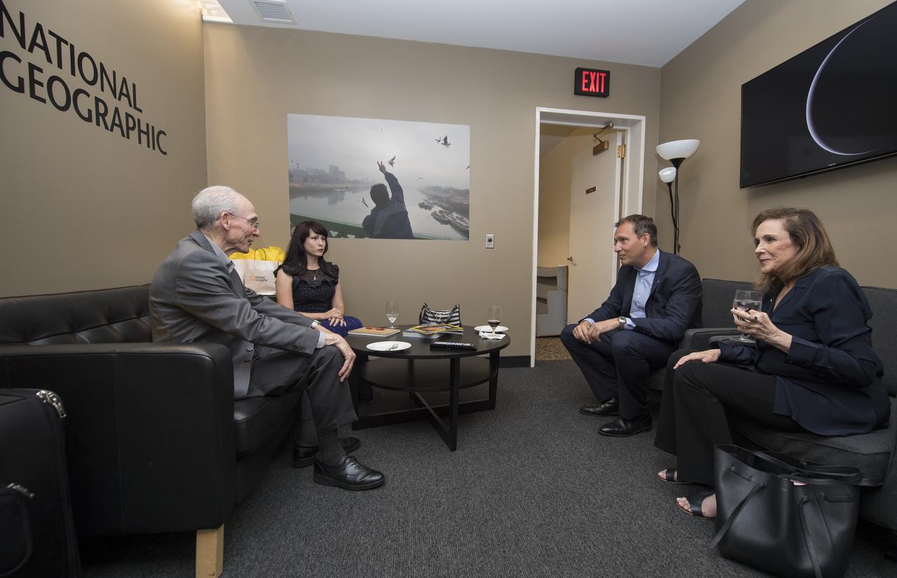 Panelists, from left to right, Ed Stone, Voyager project scientist; Victoria Jaggard, National Geographic Magazine science editor and moderator for the panel; Thomas Zurbuchen, associate administrator for NASA's Science Mission Directorate; and Ann Druyan, writer/producer and golden record visionary, visit in the green room before speaking at an event to celebrate the 40th Anniversary of the launch of the Voyager 1 and 2 missions, Tuesday, September 5, 2017 at National Geographic Society Headquarters in Washington. Voyager 1 was launched September 5, 1977, with a mission to study Jupiter and Saturn, but now the twin Voyager spacecrafts are on a journey into interstellar space to search for the heliopause, a region never reached by any other spacecraft. Photo Credit: (NASA/Aubrey Gemignani)